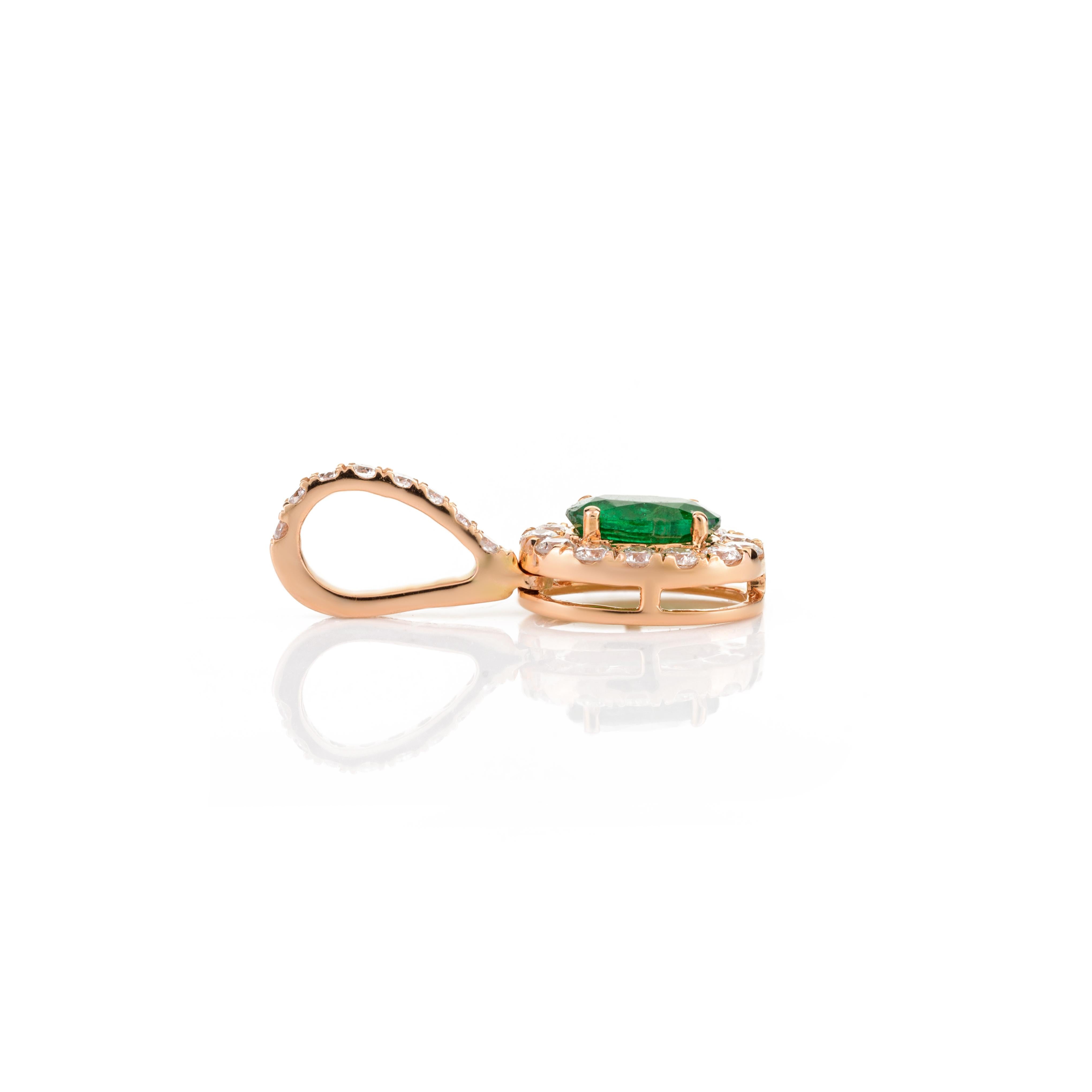 Modern Dainty Certified Emerald Diamond Halo Pendant in 18k Solid Rose Gold For Sale