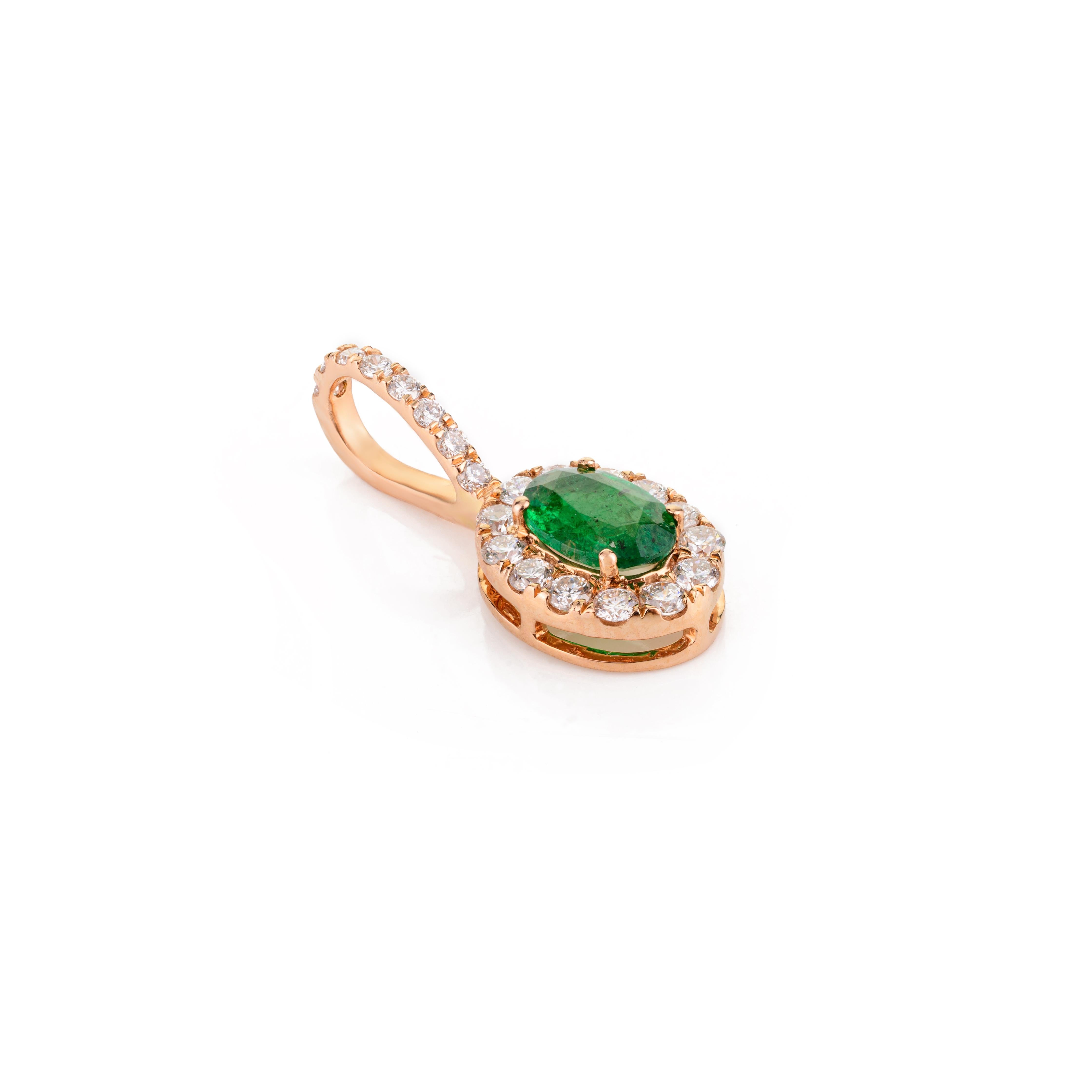 Oval Cut Dainty Certified Emerald Diamond Halo Pendant in 18k Solid Rose Gold For Sale