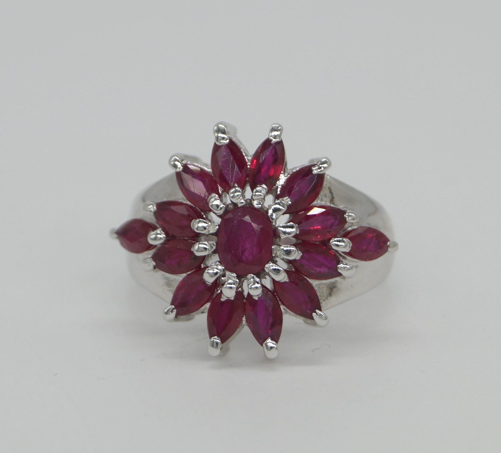 Royal Floral ruby 925 silver ring consists of:
Gross weight-  5.100grams

Gemstone name- Ruby
Gemstone type- Natural real
Gemstone color- Deep red

Metal- Silver
Metal purity- 925 sterling silver
Metal color- White gold plated

