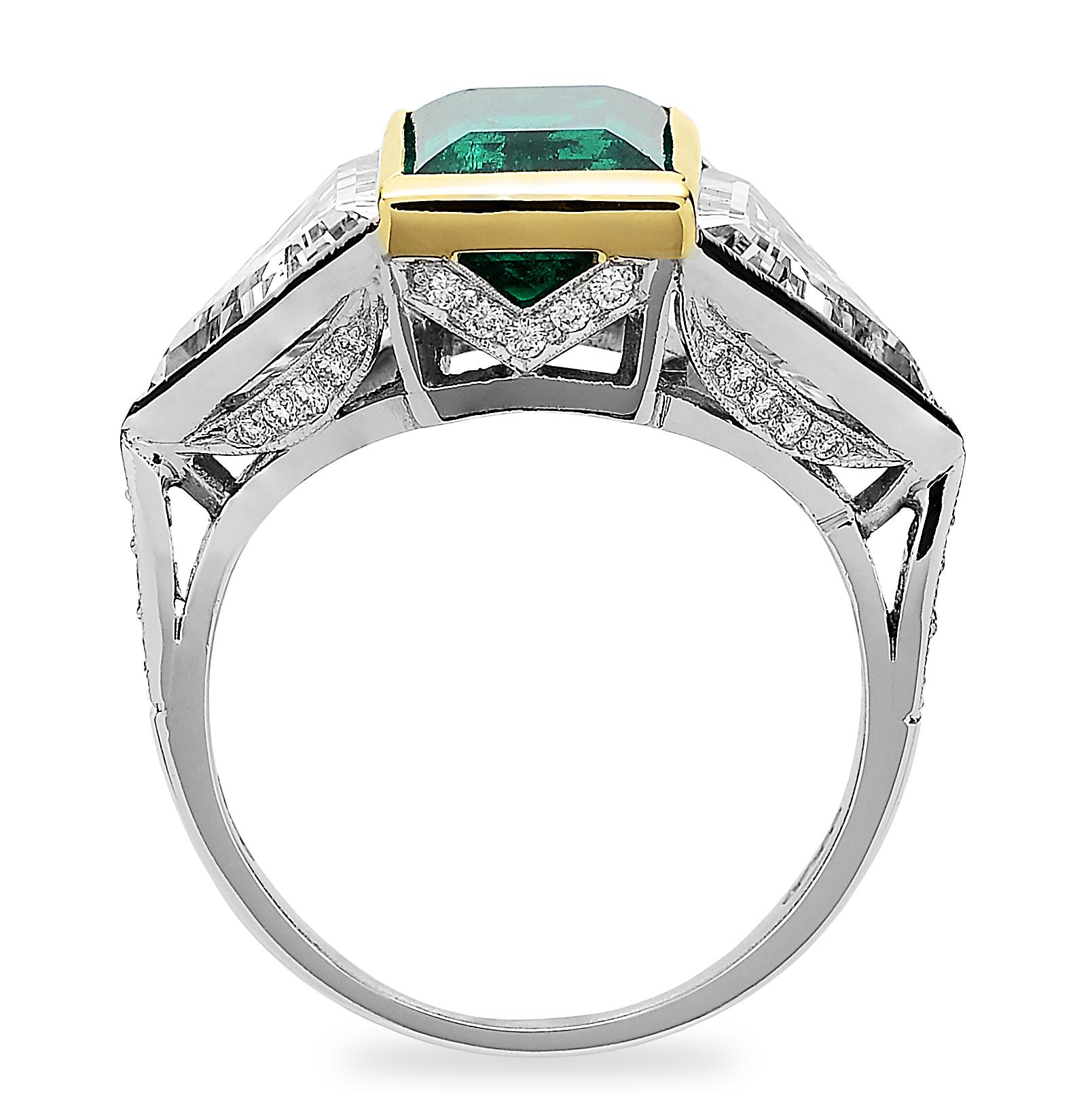 Certified Rectangular Colombian Emerald 3.41 ct & Triangle Diamonds 3 stone Ring 1
