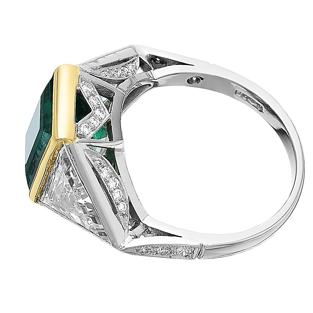 Certified Rectangular Colombian Emerald 3.41 ct & Triangle Diamonds 3 stone Ring 2
