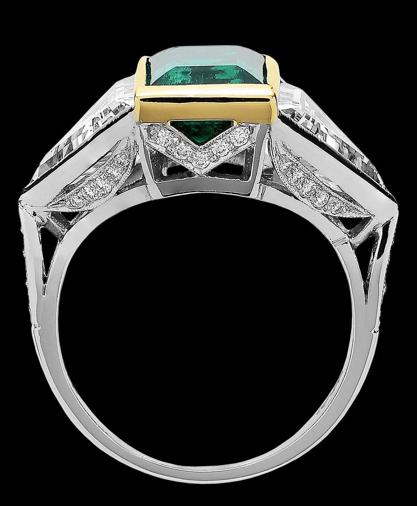 Modern Certified Rectangular Colombian Emerald 3.41 ct & Triangle Diamonds 3 stone Ring