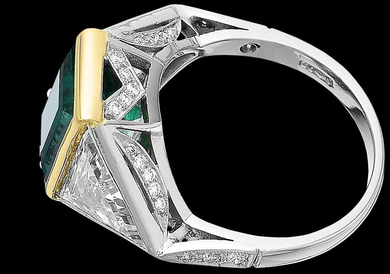 Emerald Cut Certified Rectangular Colombian Emerald 3.41 ct & Triangle Diamonds 3 stone Ring