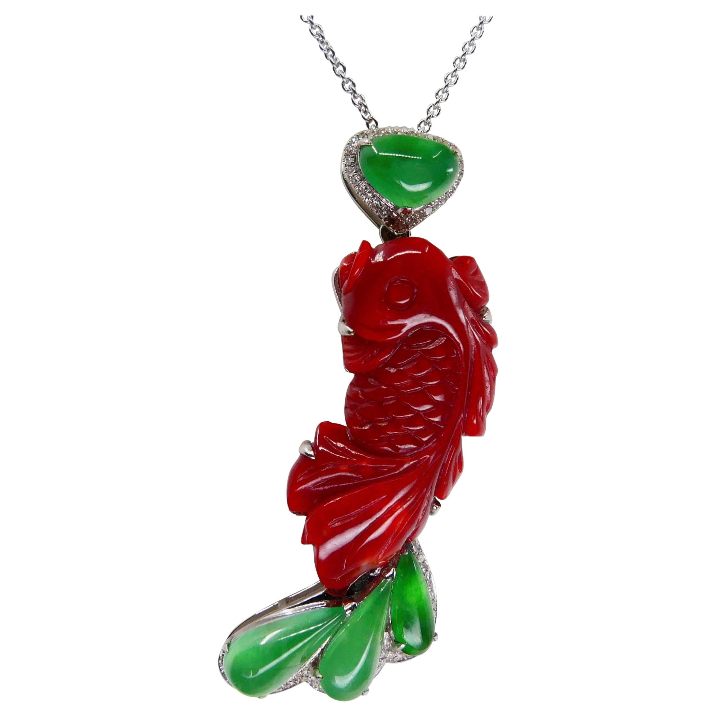 Certified Red Coral Icy Apple Green Jade and Diamond Koi Fish Pendant and Brooch
