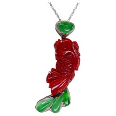 Certified Red Coral Icy Apple Green Jade and Diamond Koi Fish Pendant and Brooch