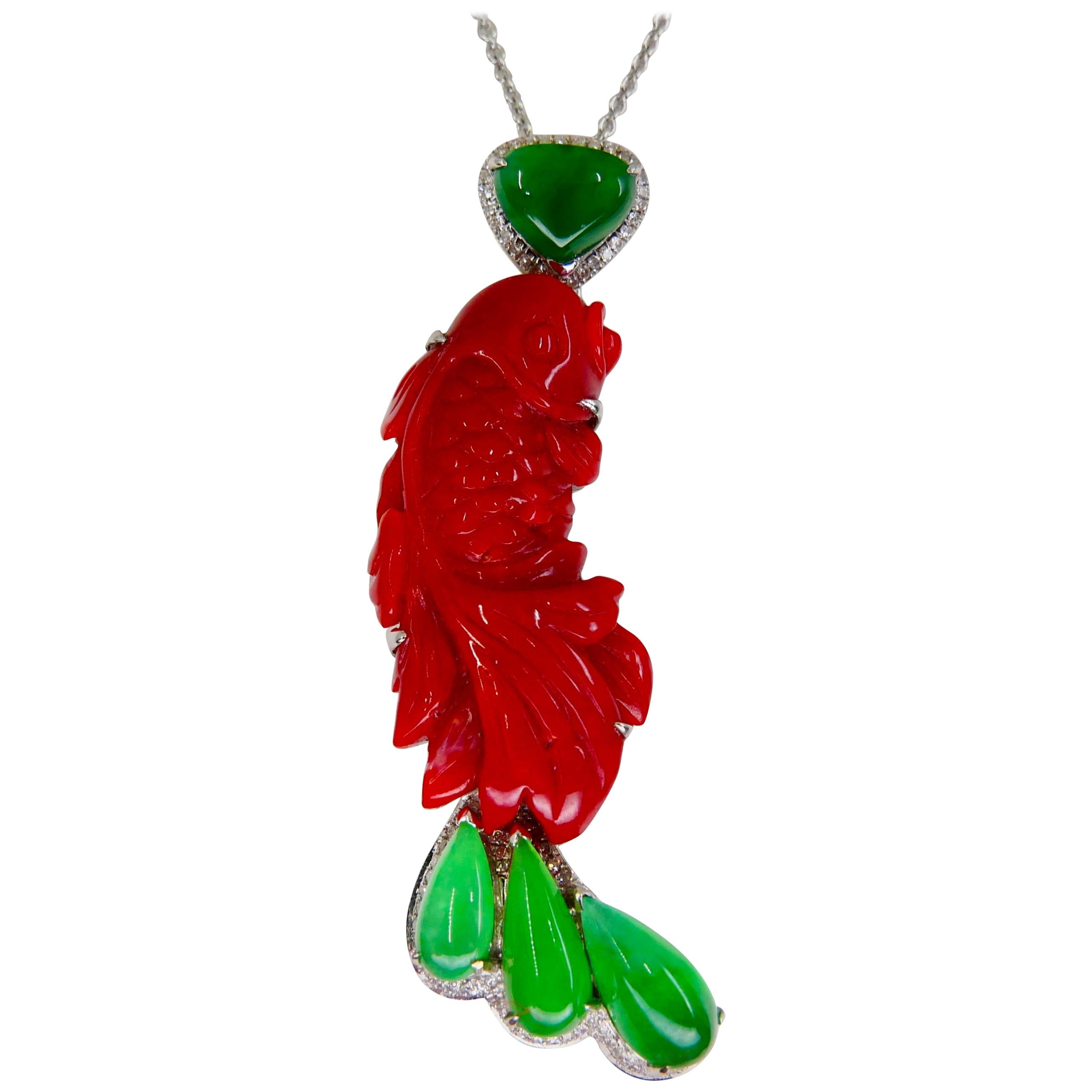 Hand Crafted Red Coral Happy Lucky Double Fishes Pendant Car Hanging 