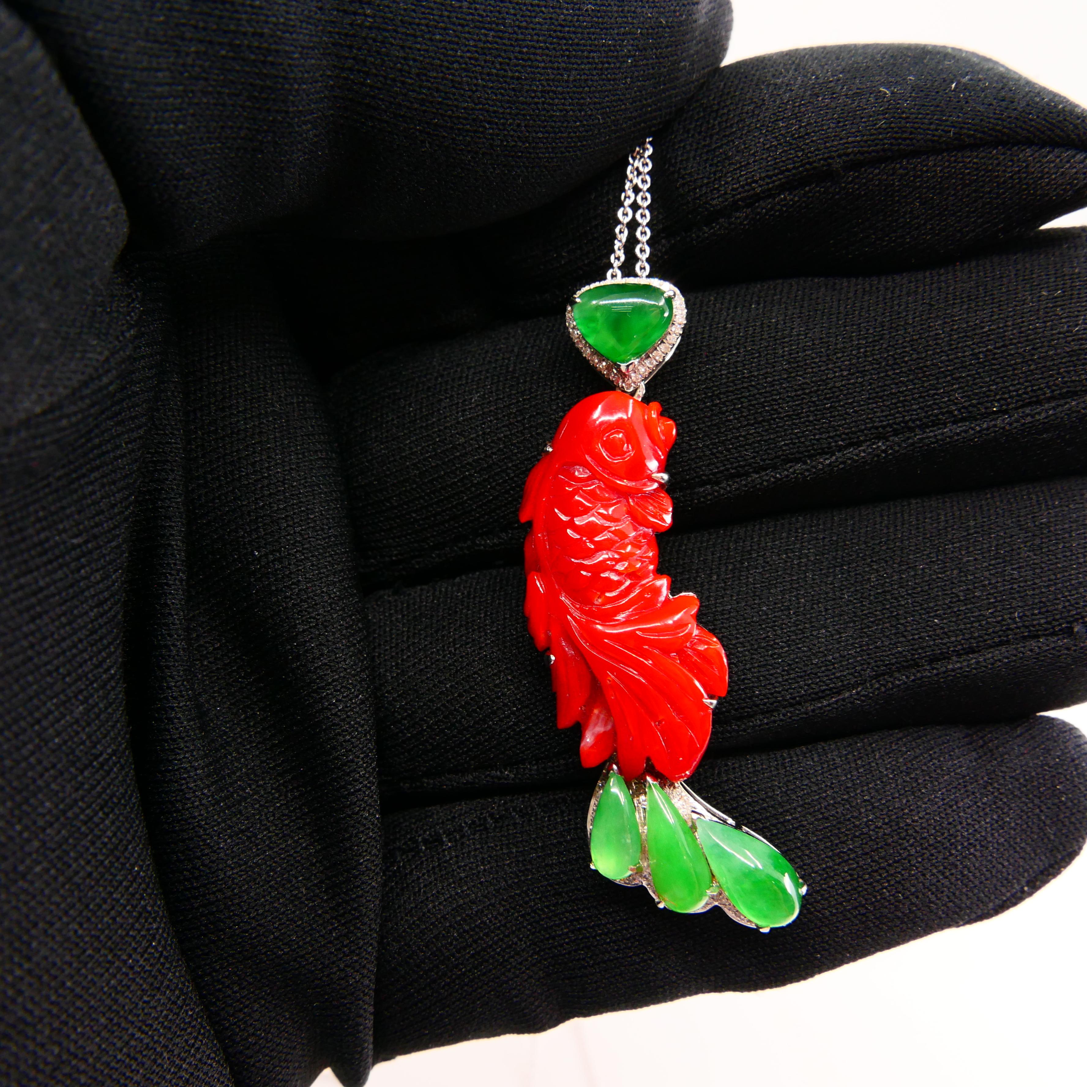 Certified Red Coral, Icy Apple Green Jade & Diamond Koi Fish Pendant and Brooch For Sale 3