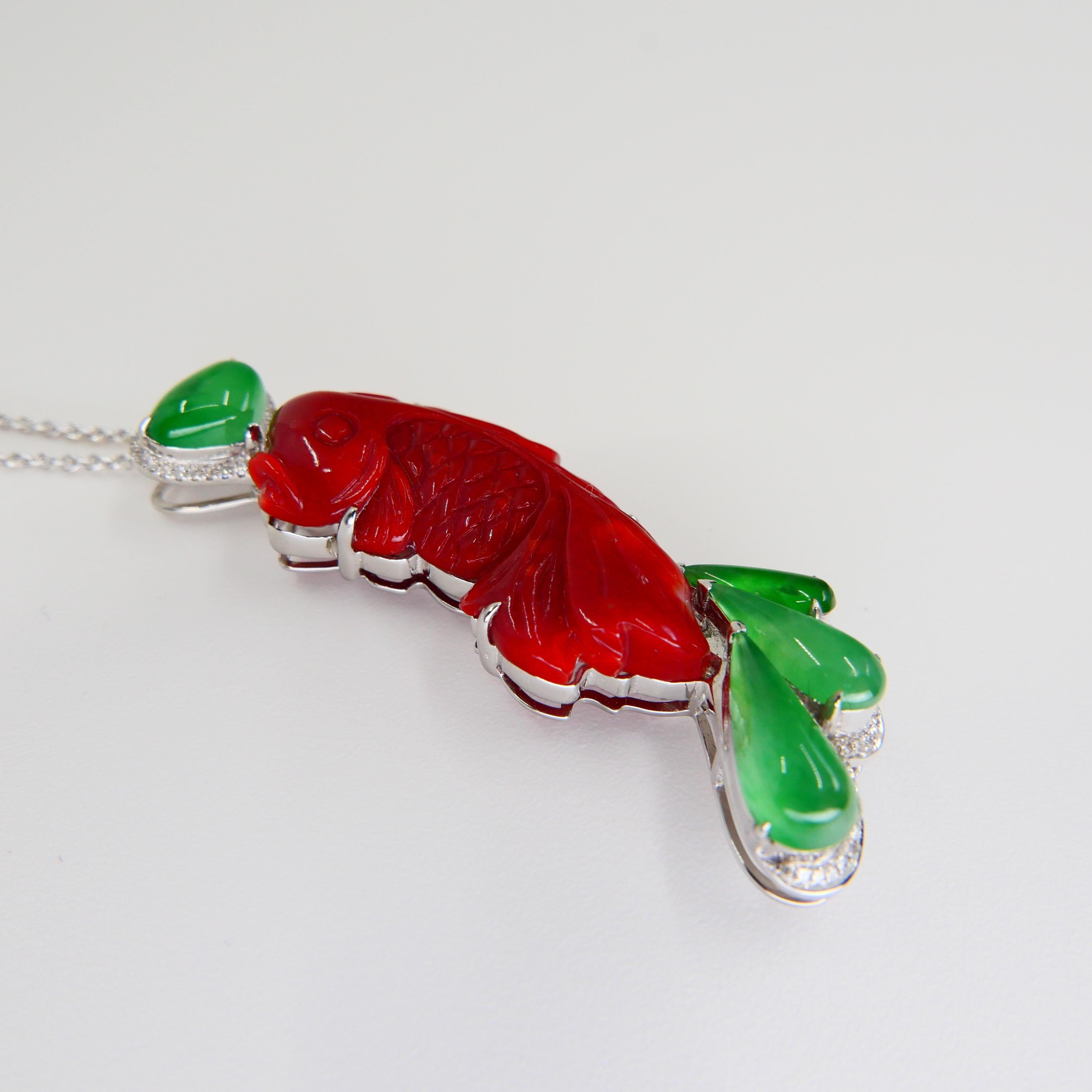 Certified Red Coral Icy Apple Green Jade and Diamond Koi Fish Pendant and Brooch For Sale 4