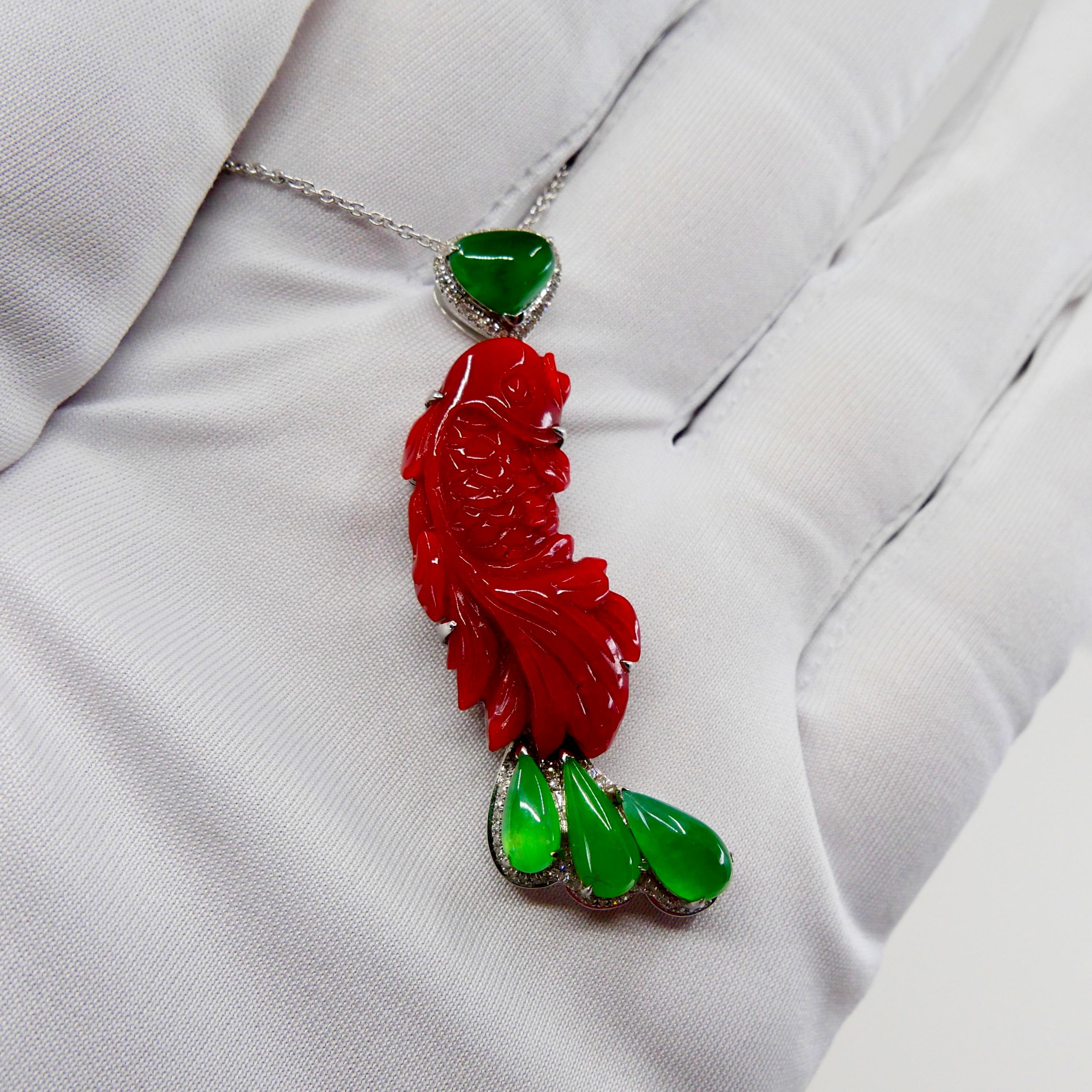 Certified Red Coral, Icy Apple Green Jade & Diamond Koi Fish Pendant and Brooch For Sale 4