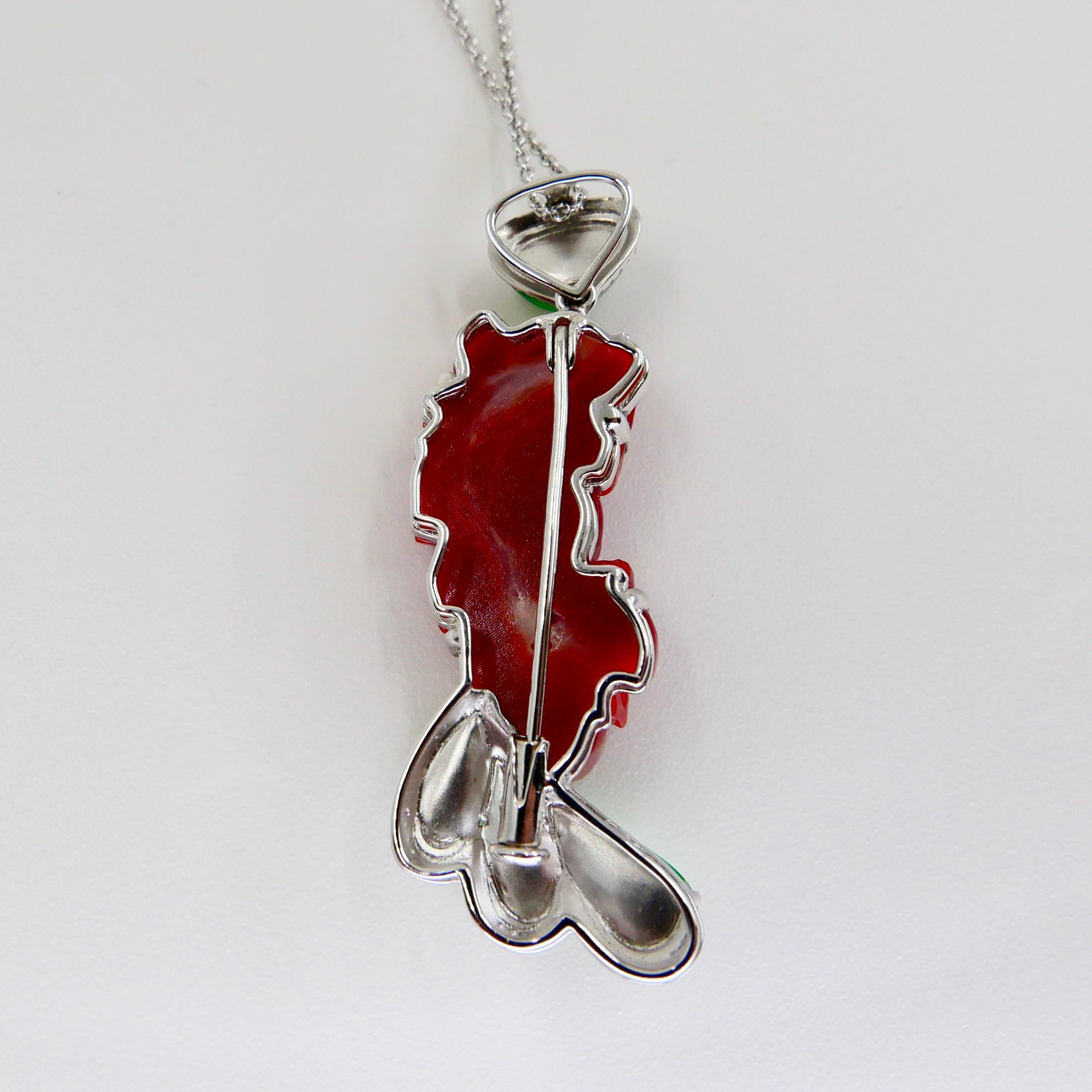 Certified Red Coral Icy Apple Green Jade and Diamond Koi Fish Pendant and Brooch For Sale 5