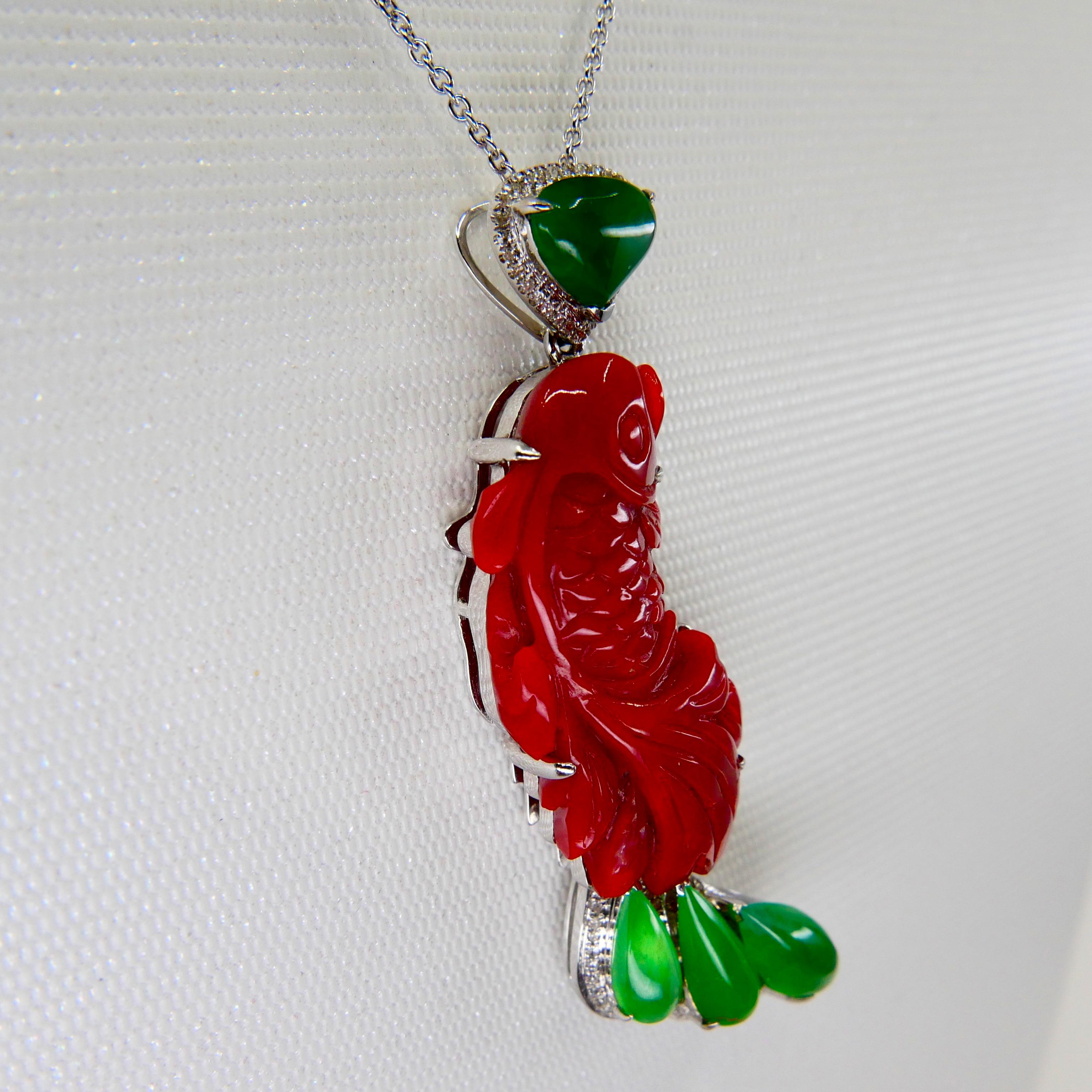 Certified Red Coral, Icy Apple Green Jade & Diamond Koi Fish Pendant and Brooch For Sale 5