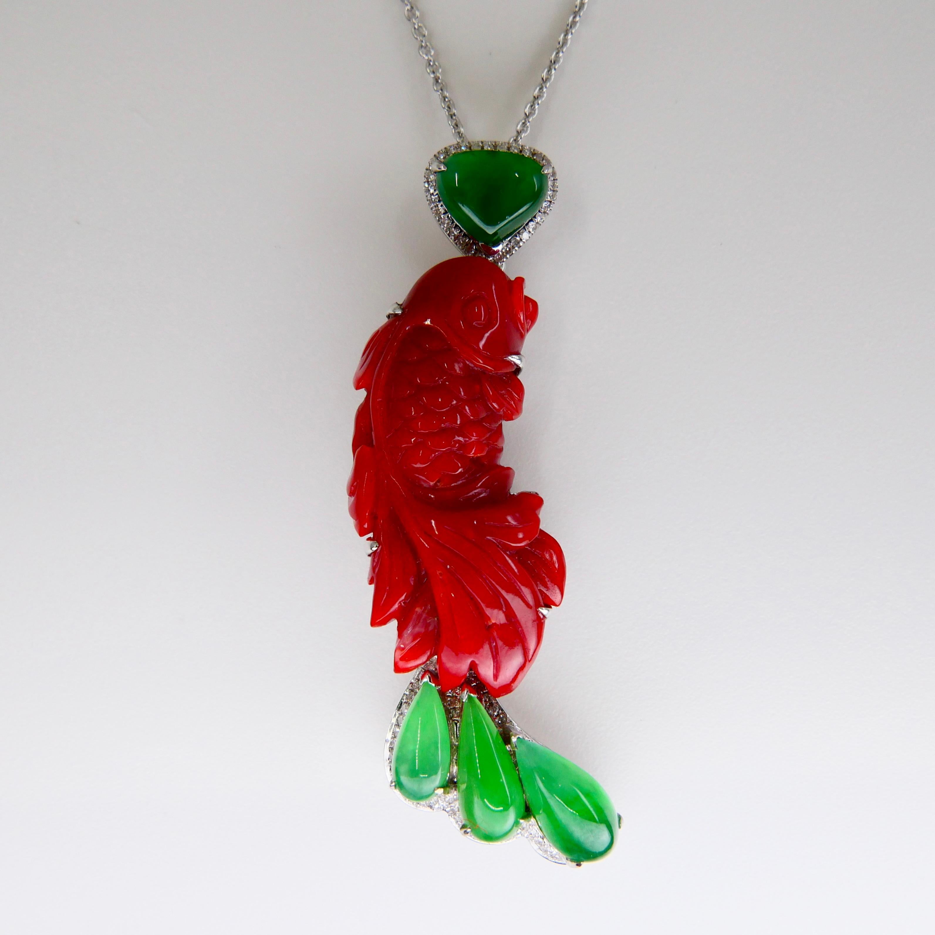 Certified Red Coral, Icy Apple Green Jade & Diamond Koi Fish Pendant and Brooch For Sale 7