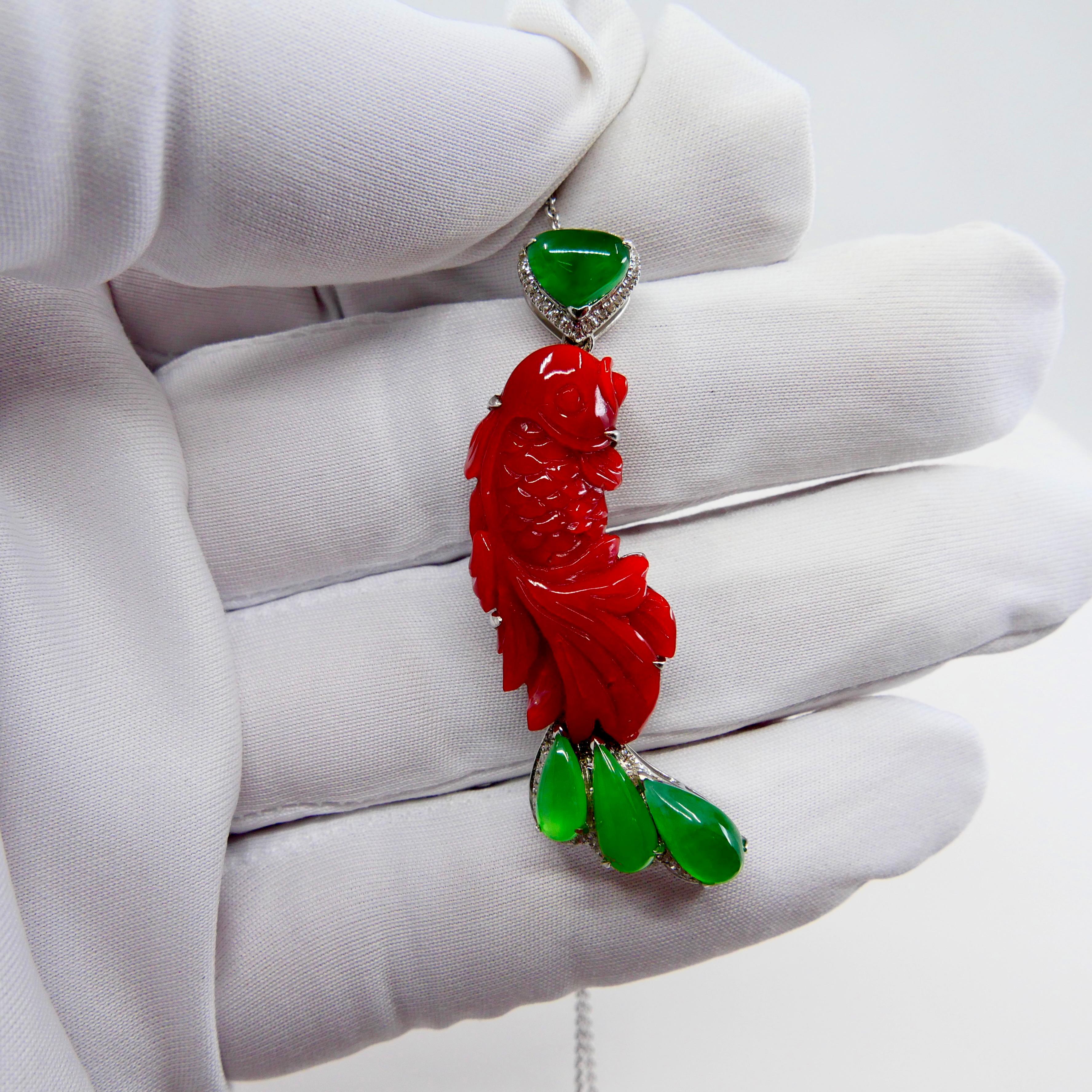 Certified Red Coral, Icy Apple Green Jade & Diamond Koi Fish Pendant and Brooch For Sale 8