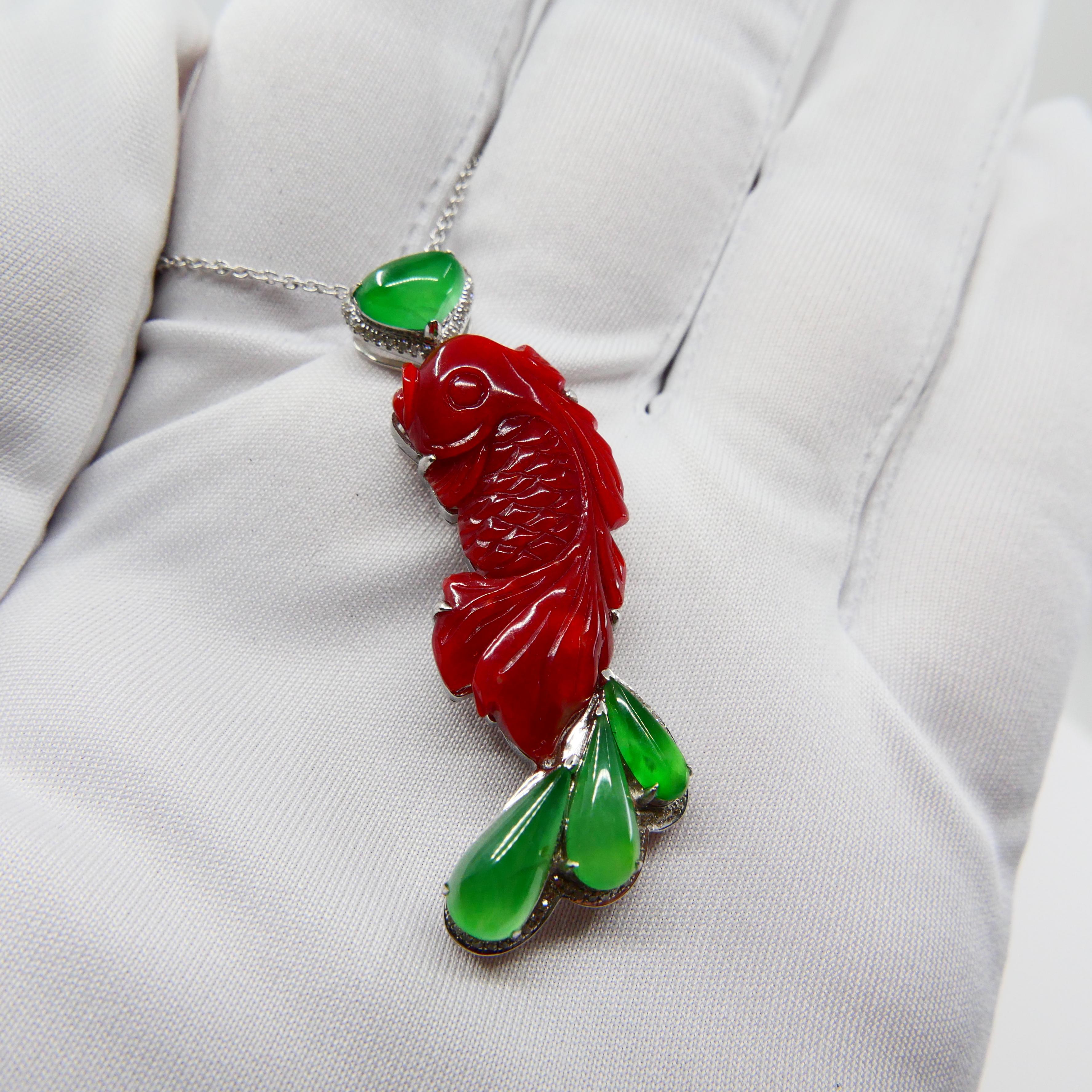 Rough Cut Certified Red Coral Icy Apple Green Jade and Diamond Koi Fish Pendant and Brooch For Sale