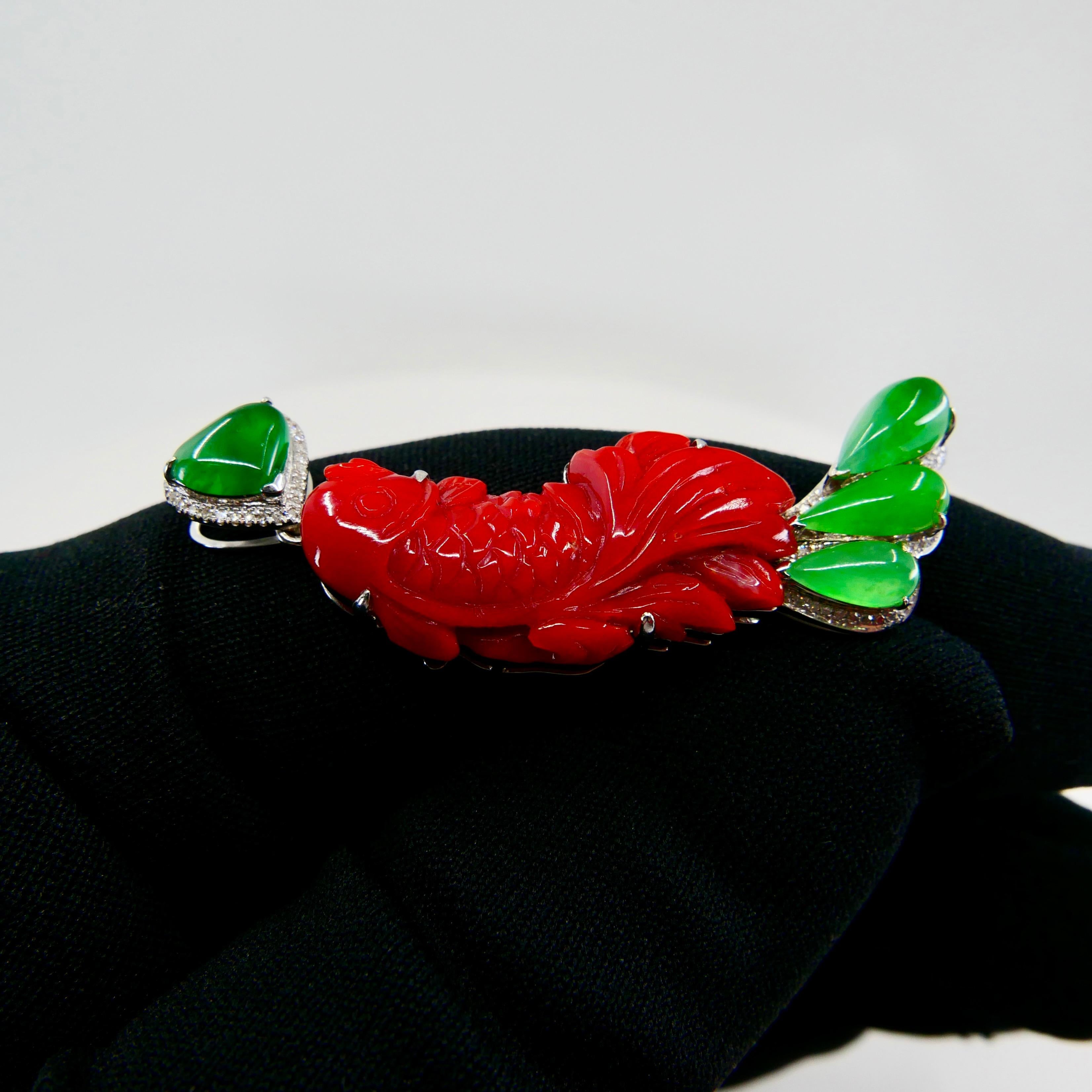 Rough Cut Certified Red Coral, Icy Apple Green Jade & Diamond Koi Fish Pendant and Brooch For Sale