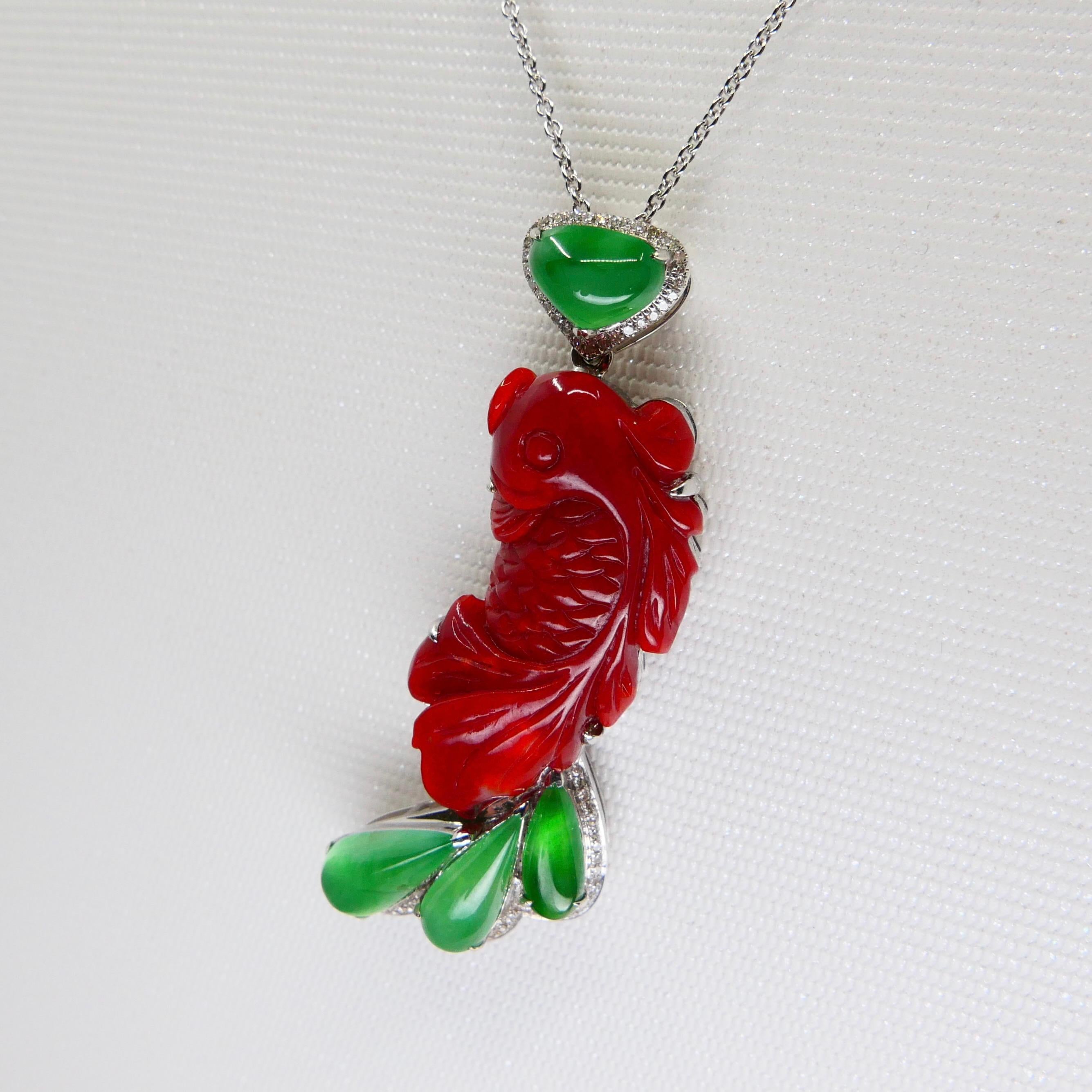 Certified Red Coral Icy Apple Green Jade and Diamond Koi Fish Pendant and Brooch In New Condition For Sale In Hong Kong, HK
