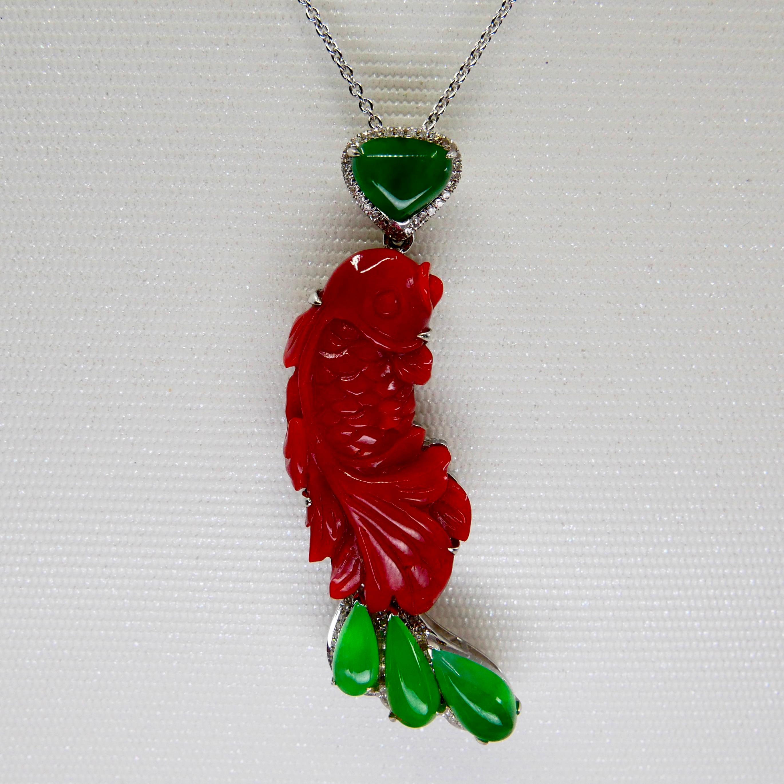 Women's or Men's Certified Red Coral, Icy Apple Green Jade & Diamond Koi Fish Pendant and Brooch For Sale