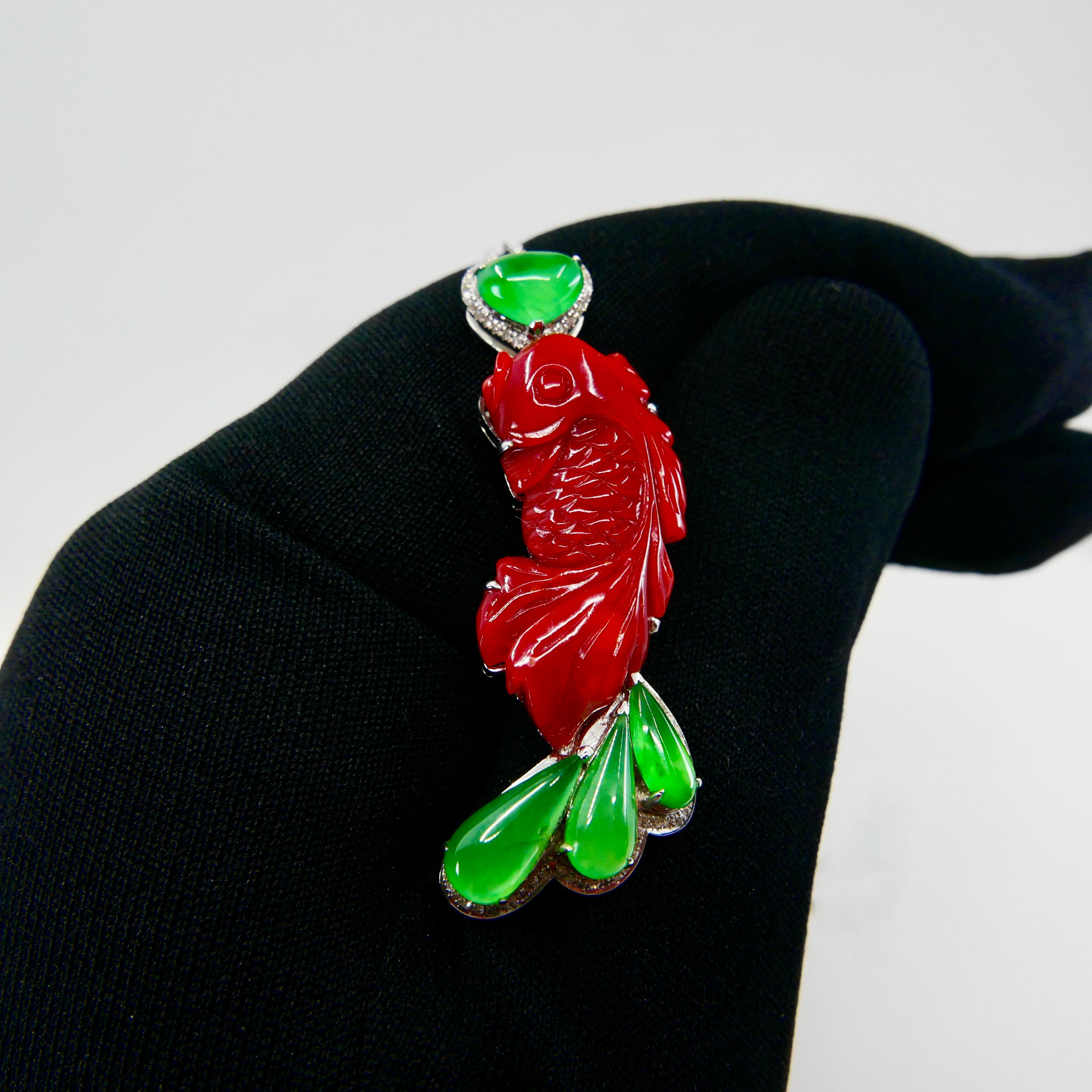 Women's or Men's Certified Red Coral Icy Apple Green Jade and Diamond Koi Fish Pendant and Brooch For Sale