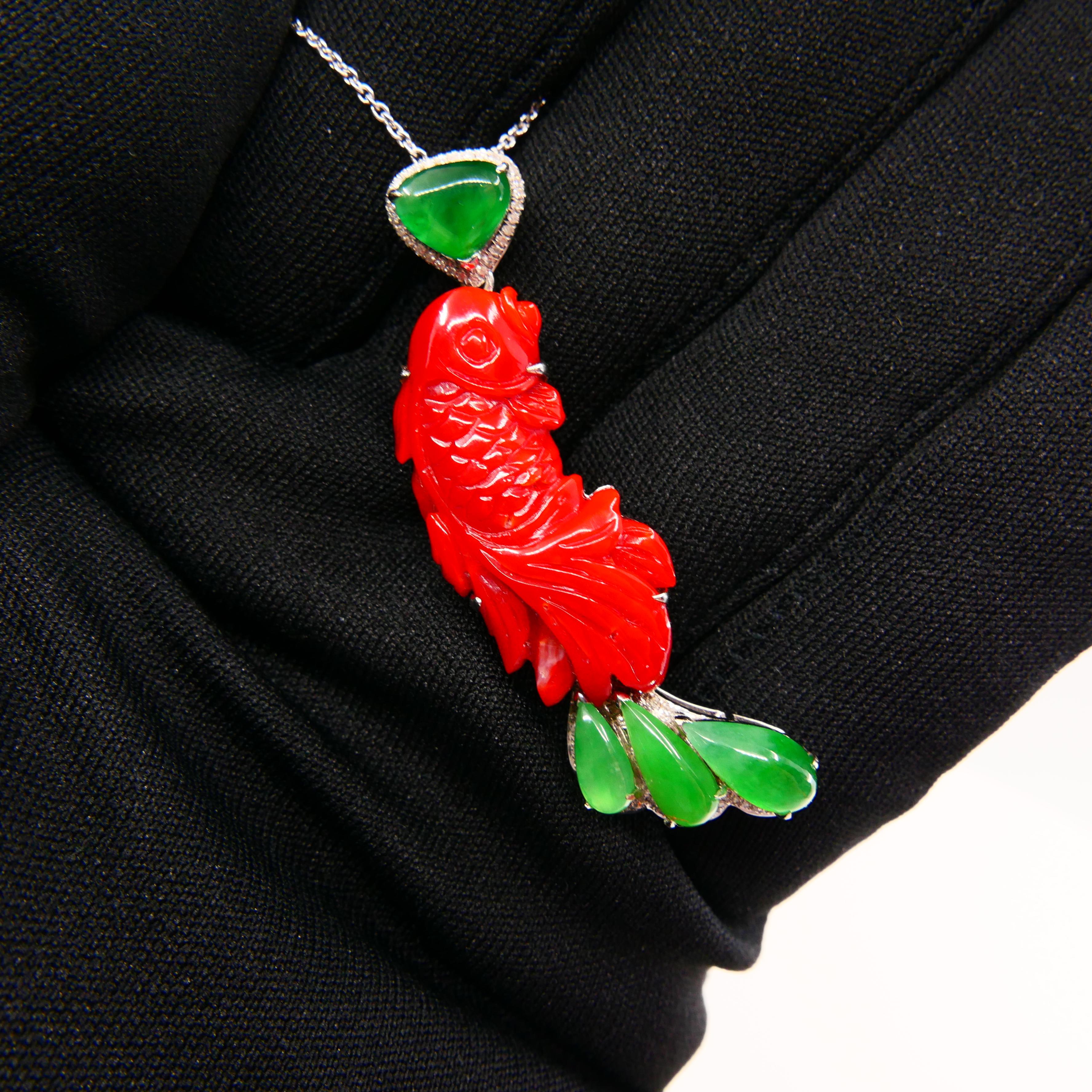 Certified Red Coral, Icy Apple Green Jade & Diamond Koi Fish Pendant and Brooch For Sale 1
