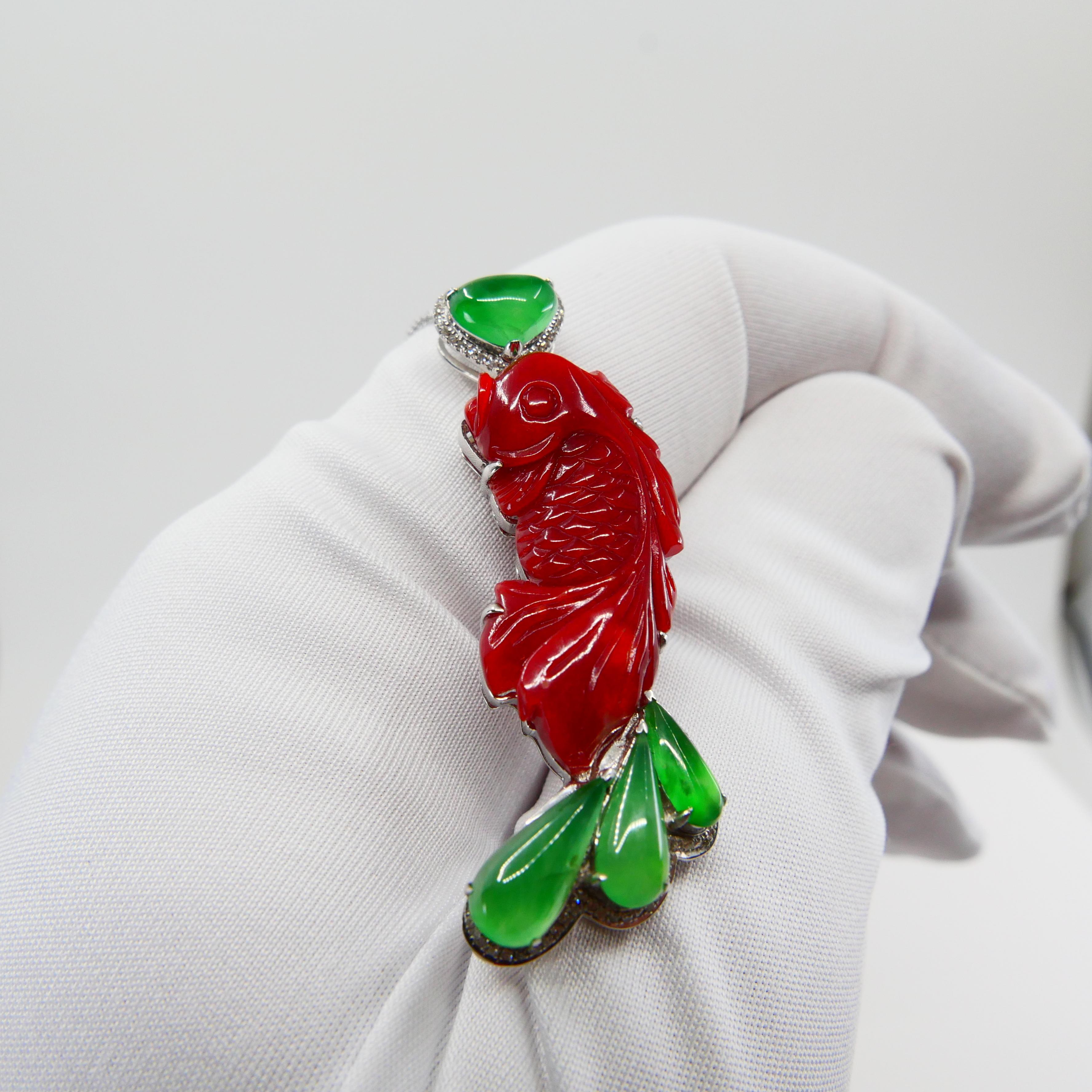 Certified Red Coral Icy Apple Green Jade and Diamond Koi Fish Pendant and Brooch For Sale 1