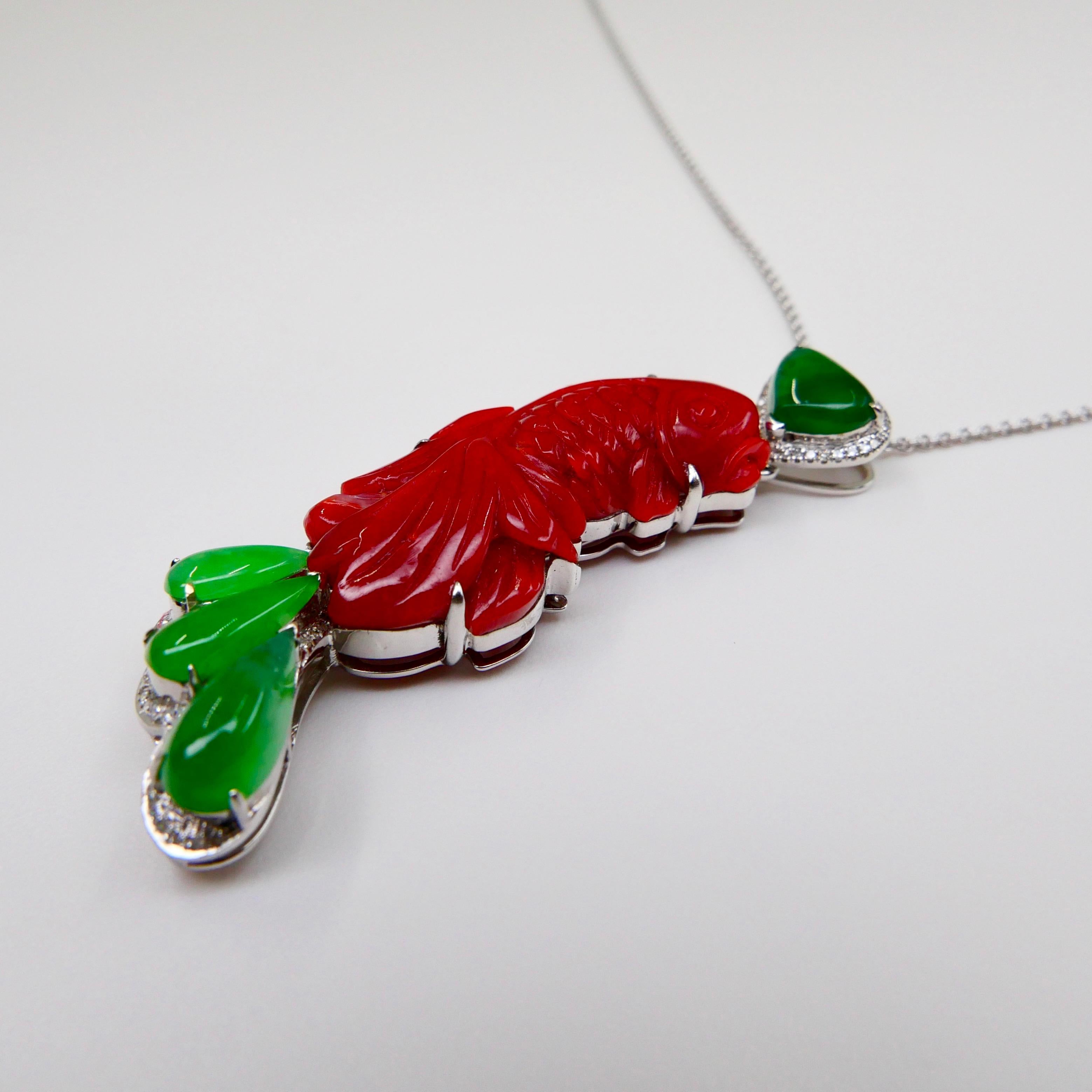 Certified Red Coral, Icy Apple Green Jade & Diamond Koi Fish Pendant and Brooch For Sale 6