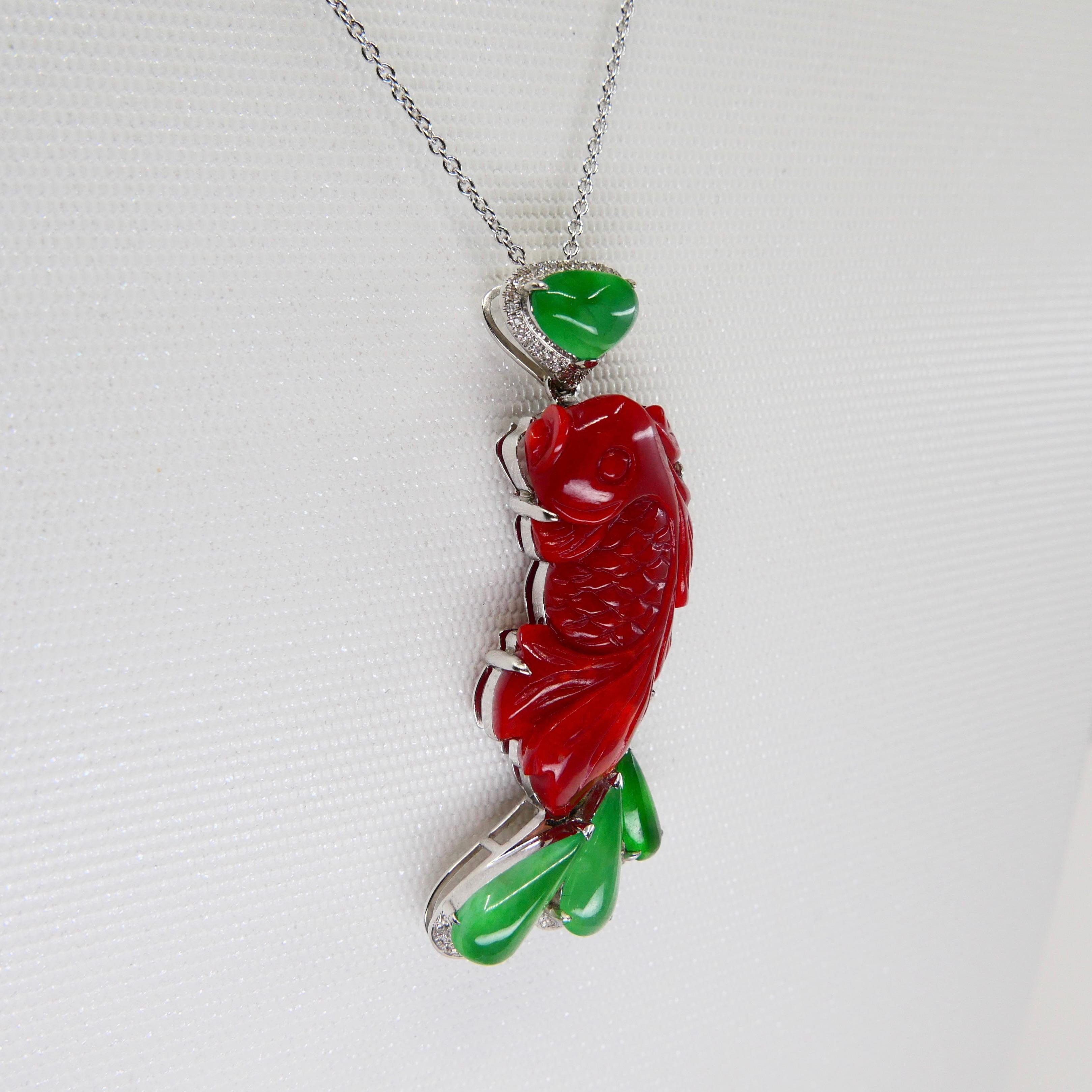 Certified Red Coral Icy Apple Green Jade and Diamond Koi Fish Pendant and Brooch For Sale 2