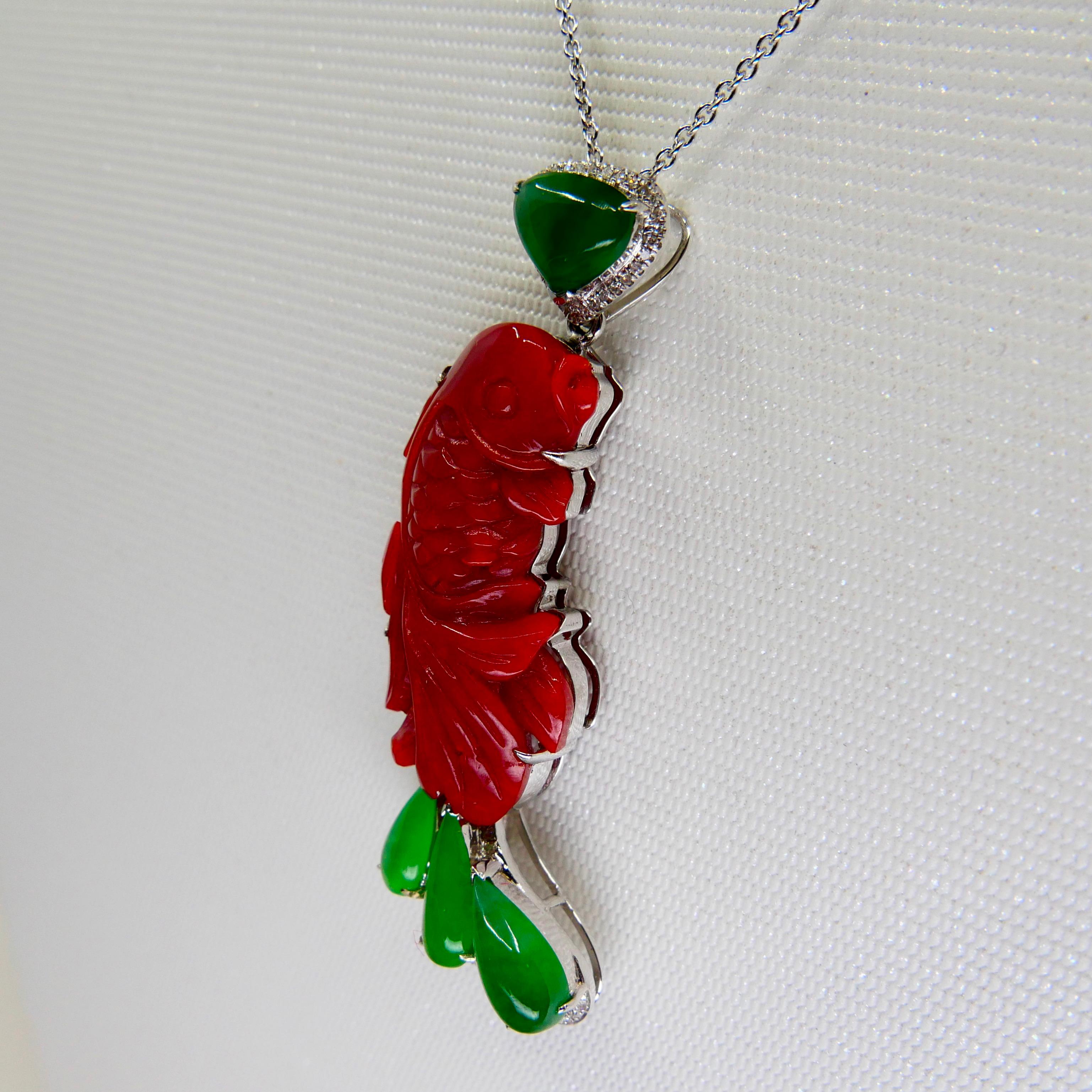 Certified Red Coral, Icy Apple Green Jade & Diamond Koi Fish Pendant and Brooch For Sale 2