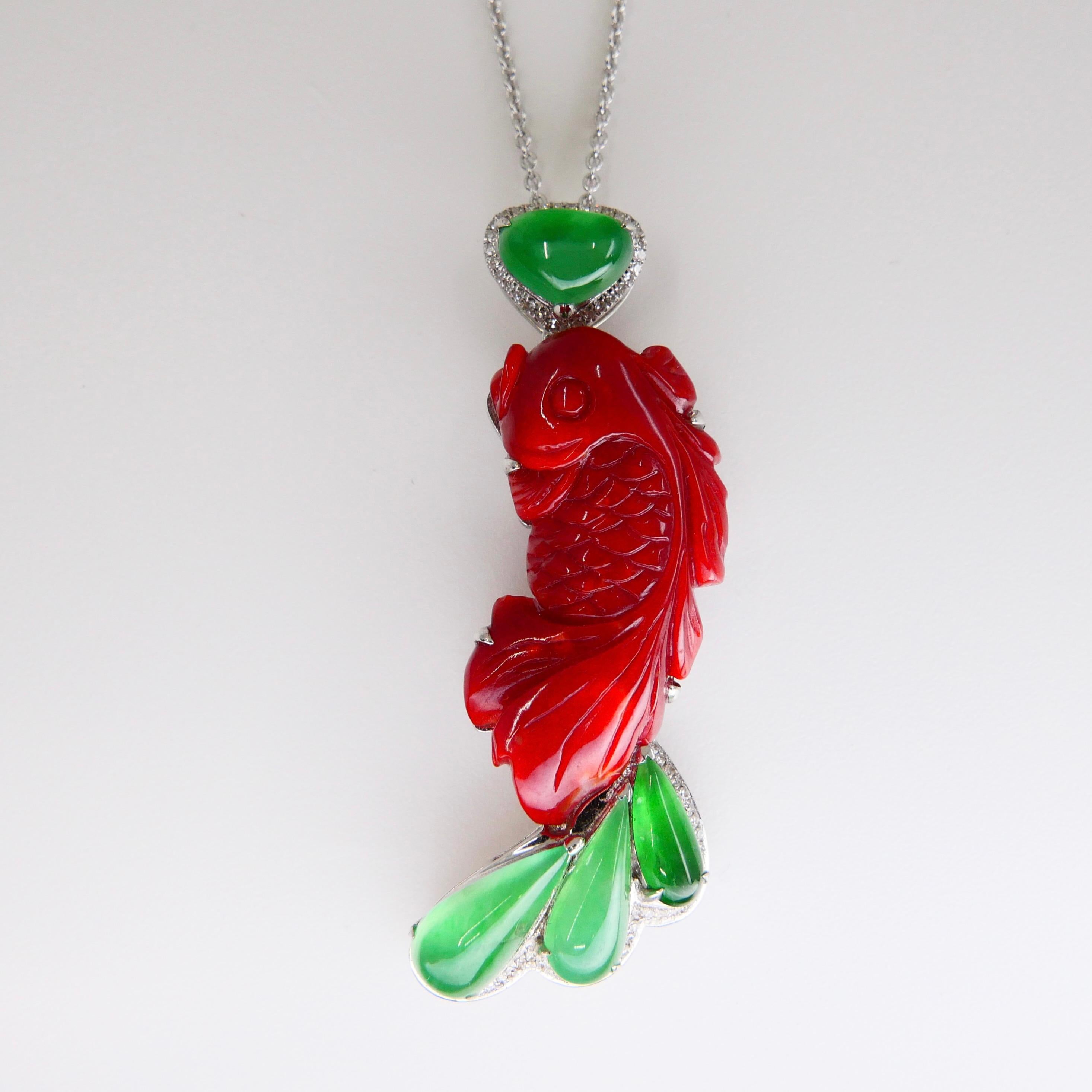 Certified Red Coral Icy Apple Green Jade and Diamond Koi Fish Pendant and Brooch For Sale 3