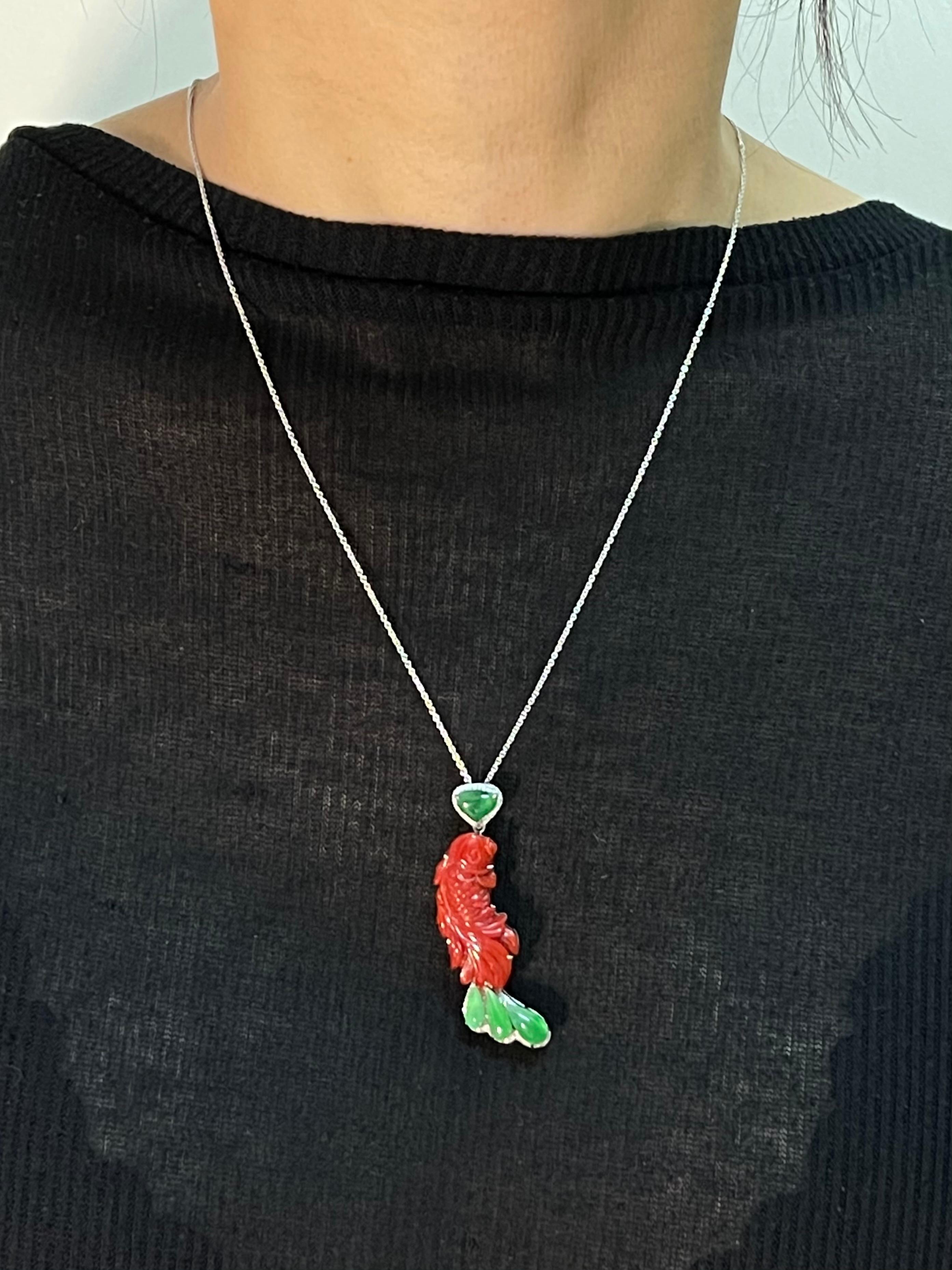 Certified Red Coral, Icy Apple Green Jade & Diamond Koi Fish Pendant and Brooch In New Condition For Sale In Hong Kong, HK