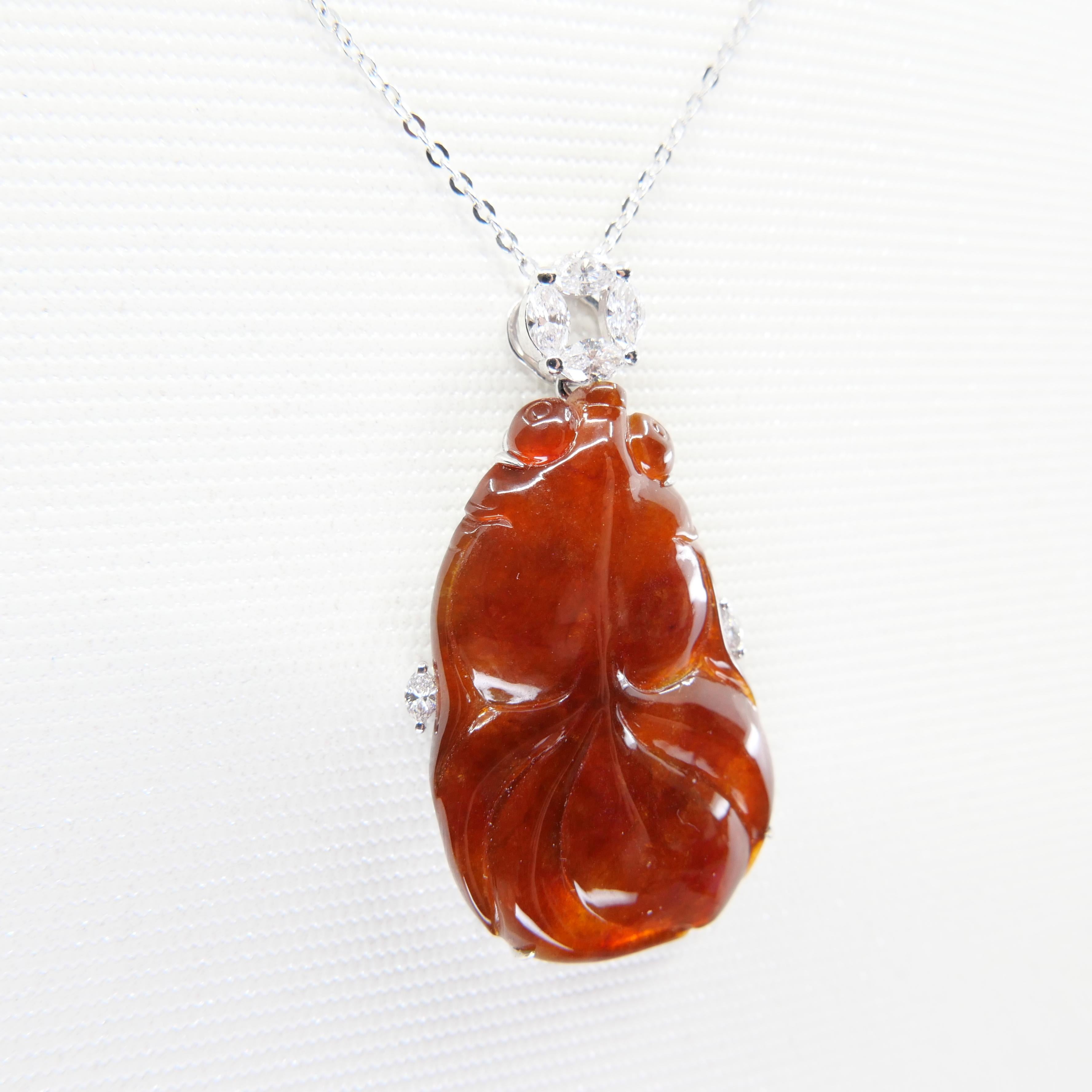 Certified Red Jade & Diamond Goldfish Pendant. Prosperity & Lucky Jade For Sale 2