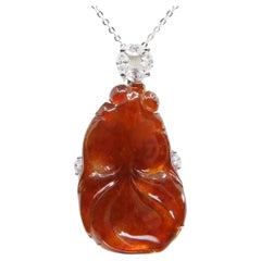 Certified Red Jade & Diamond Goldfish Pendant. Prosperity & Lucky Jade