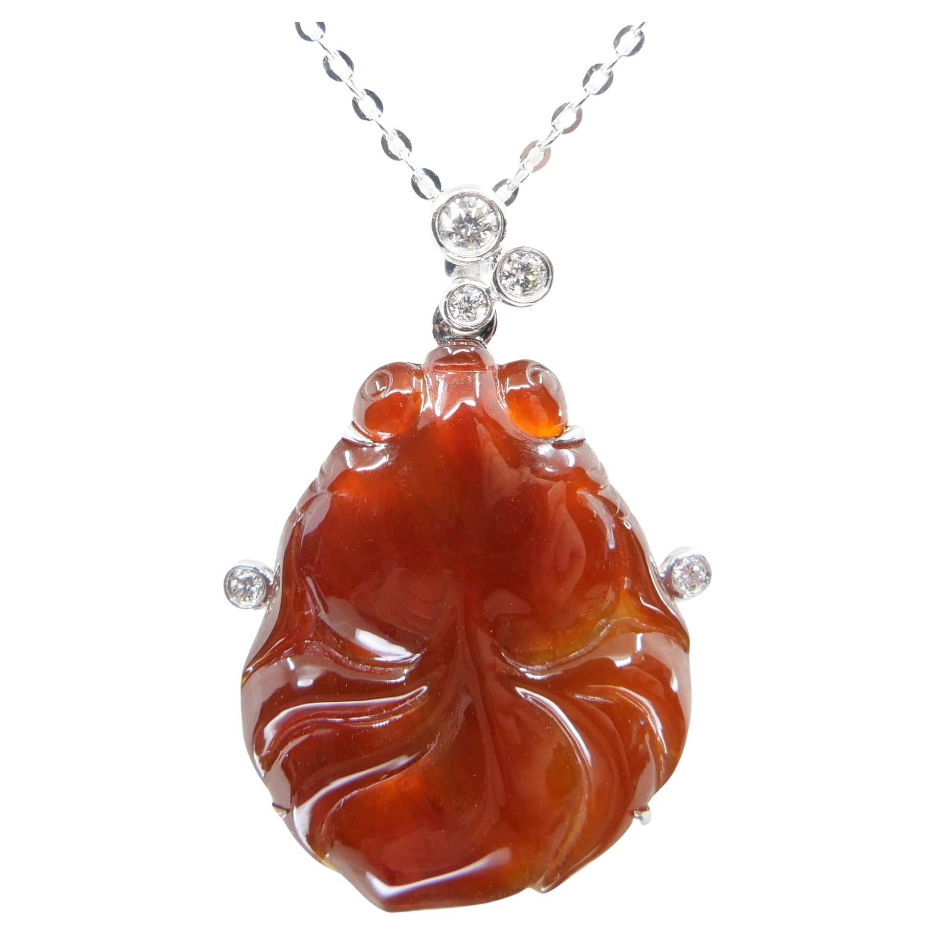 Certified Red Jade & Diamond Goldfish Pendant, Prosperity & Lucky Jade