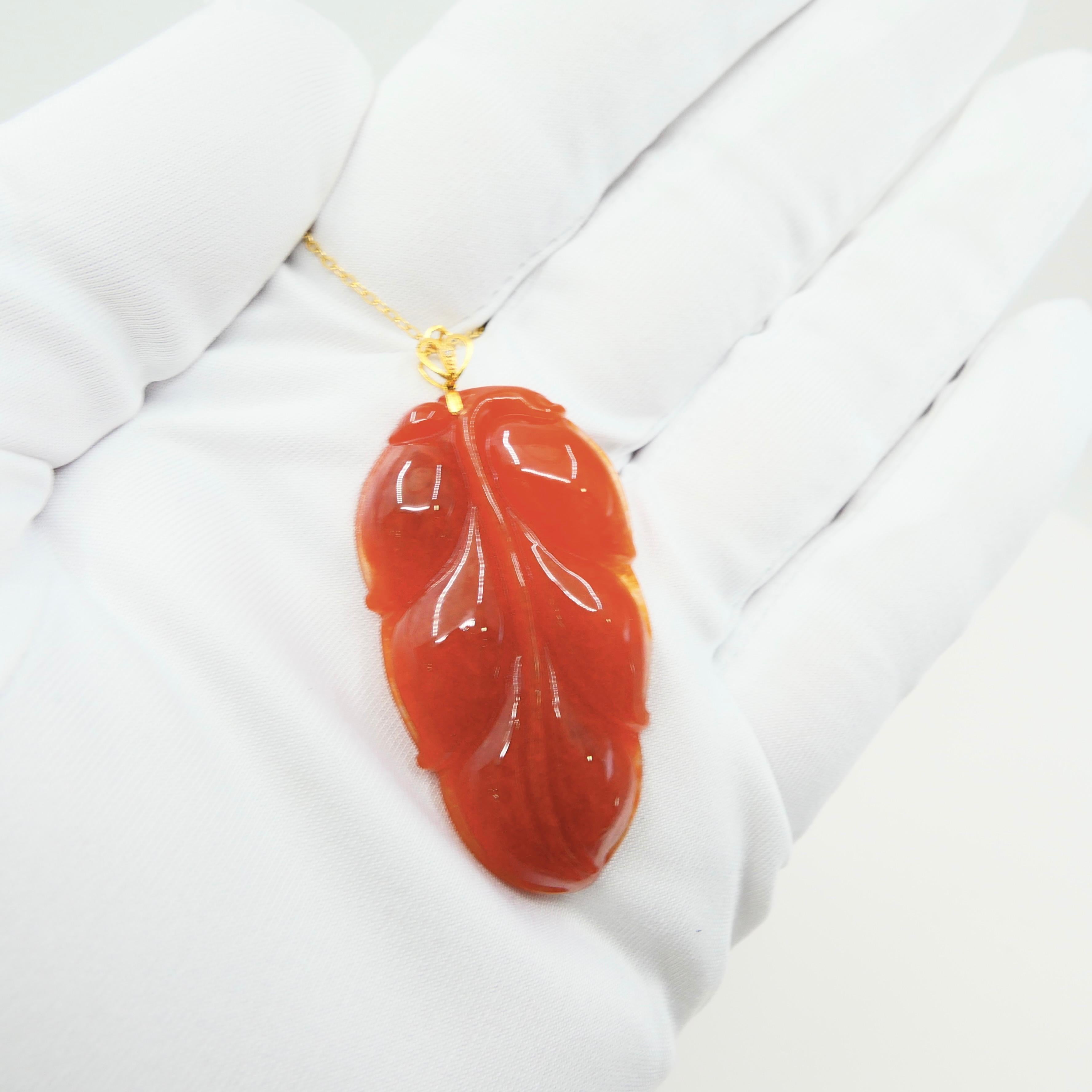 Certified Red Jadeite Jade Leaf Pendant Necklace, Good Fortune, Extra Large Size For Sale 2