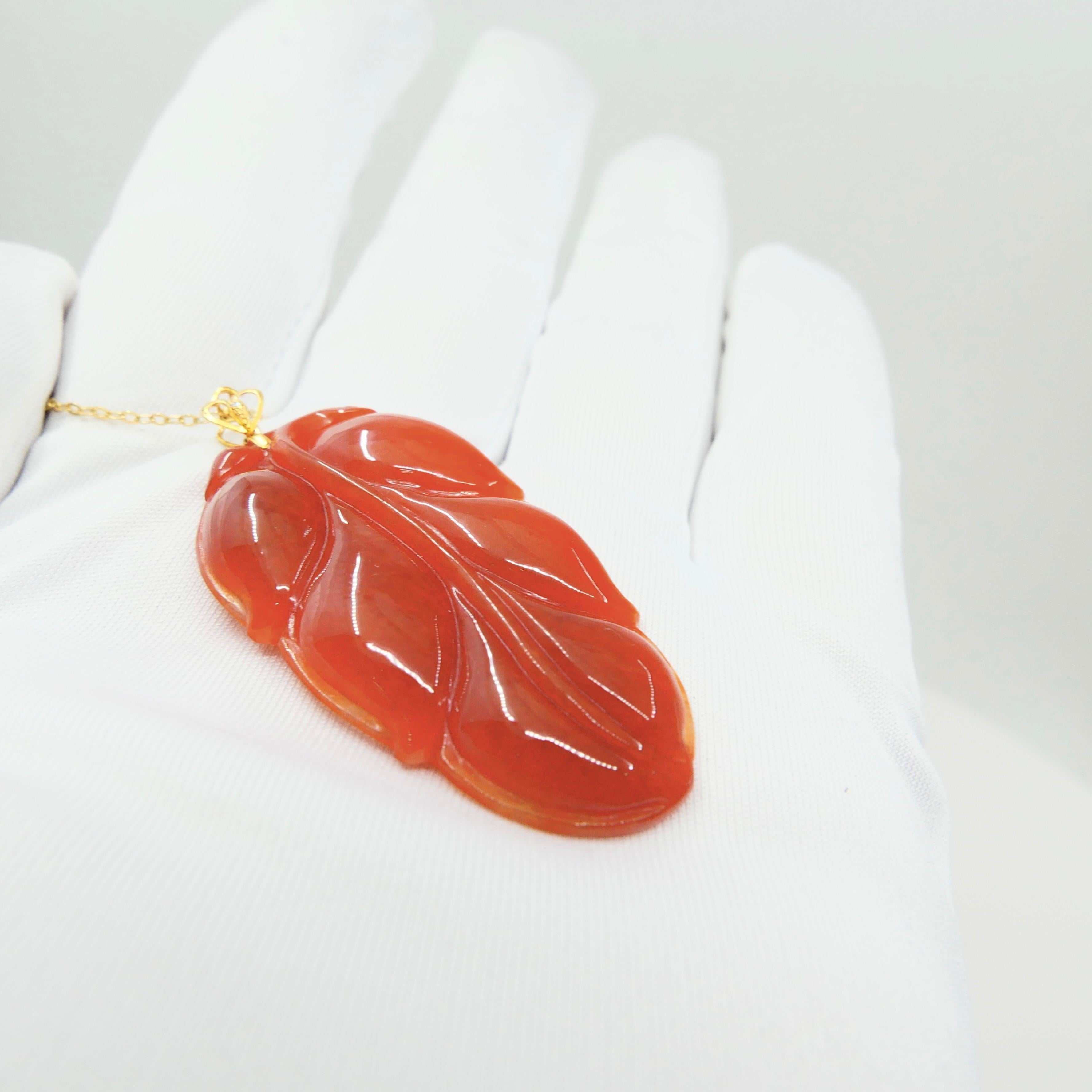 Certified Red Jadeite Jade Leaf Pendant Necklace, Good Fortune, Extra Large Size For Sale 3