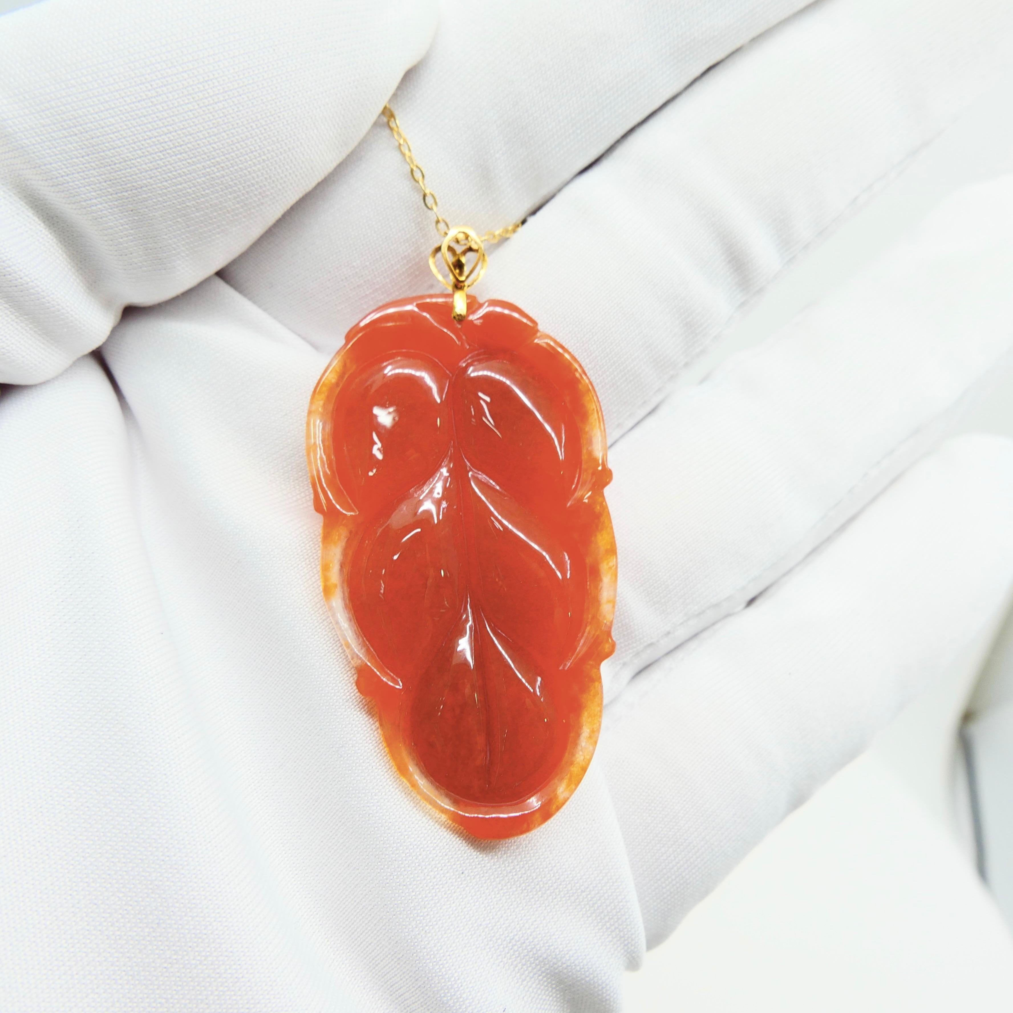 Certified Red Jadeite Jade Leaf Pendant Necklace, Good Fortune, Extra Large Size For Sale 4