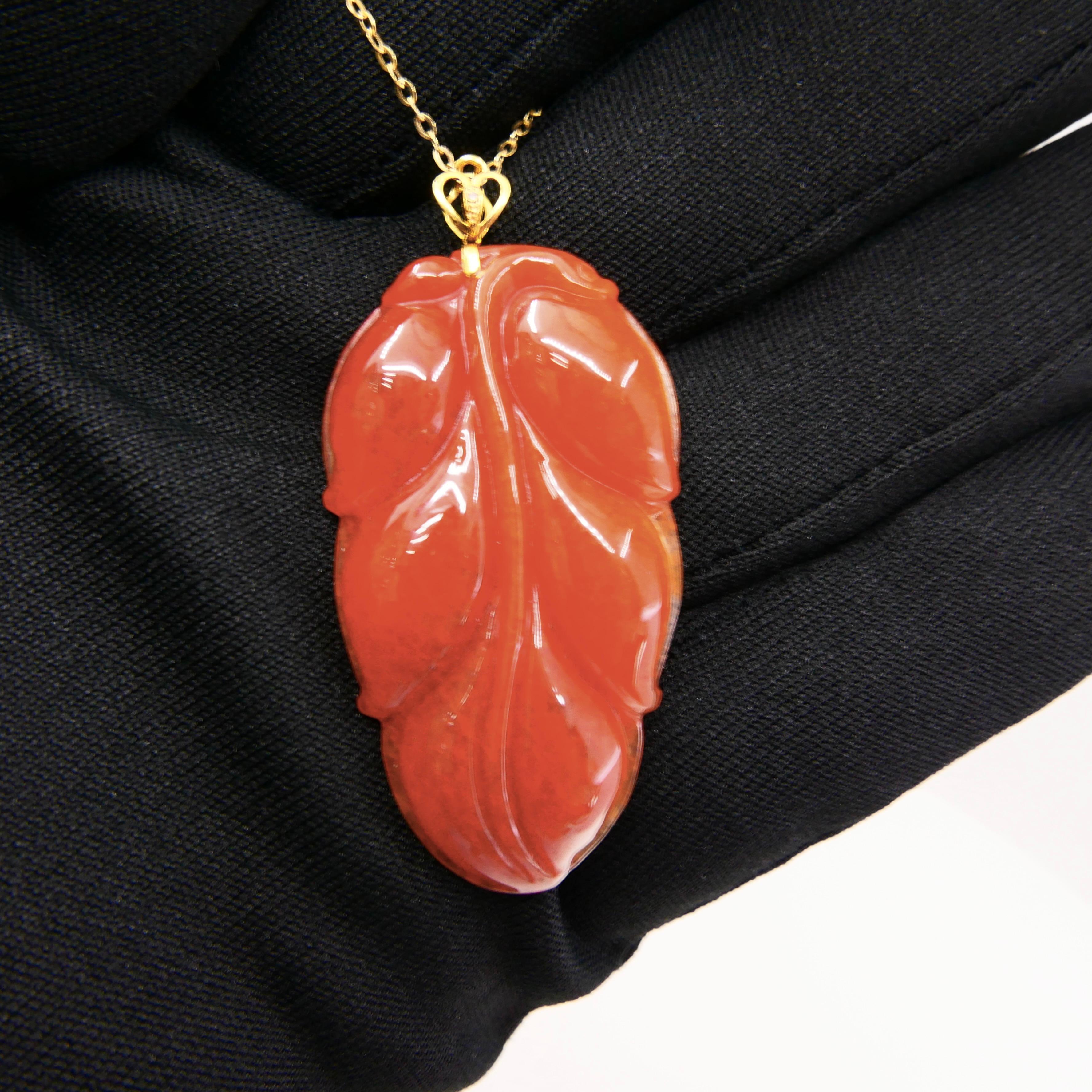 Certified Red Jadeite Jade Leaf Pendant Necklace, Good Fortune, Extra Large Size For Sale 5