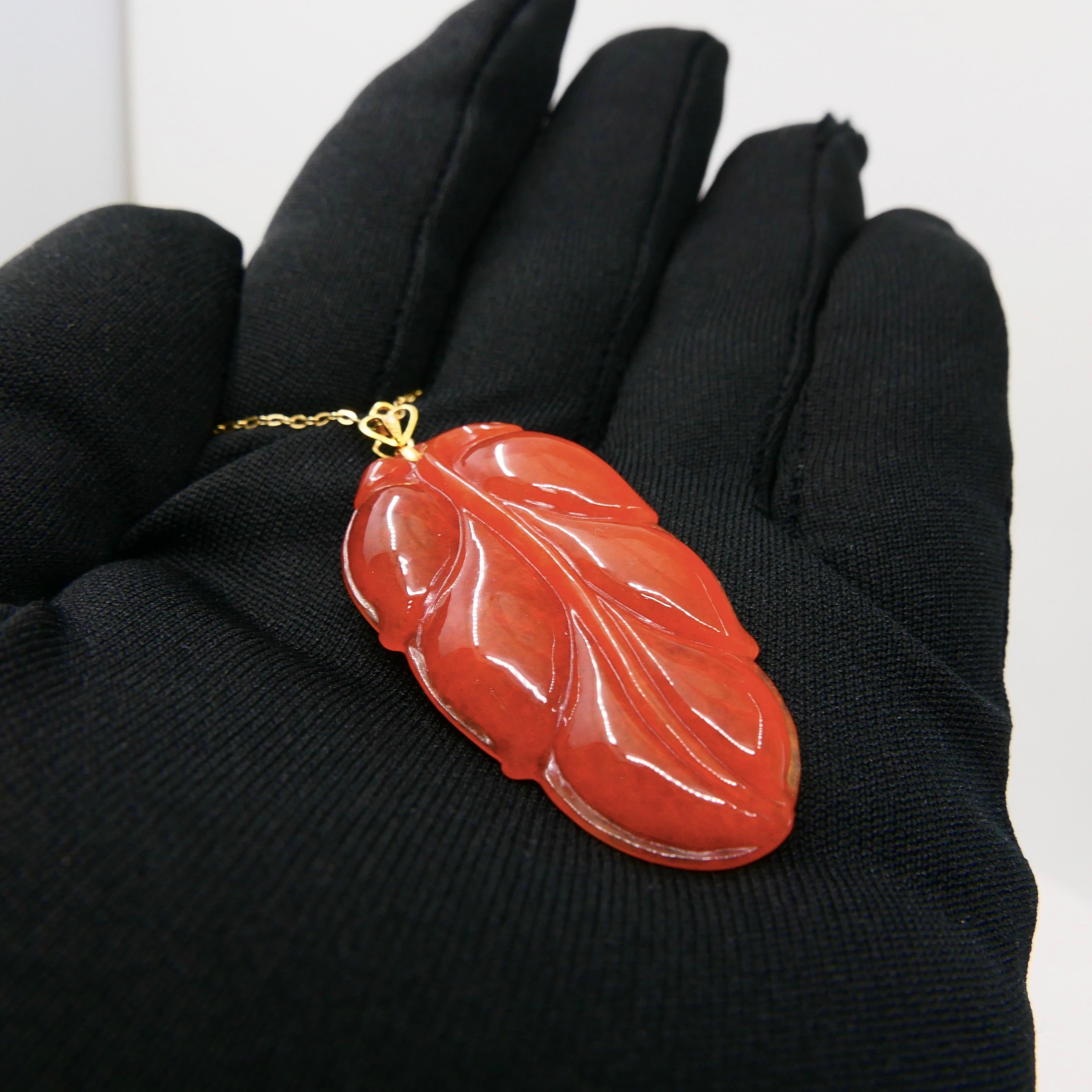 Certified Red Jadeite Jade Leaf Pendant Necklace, Good Fortune, Extra Large Size For Sale 6