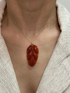 Certified Red Jade & Yellow Gold Leaf Pendant Necklace. Good Fortune. XXL.
