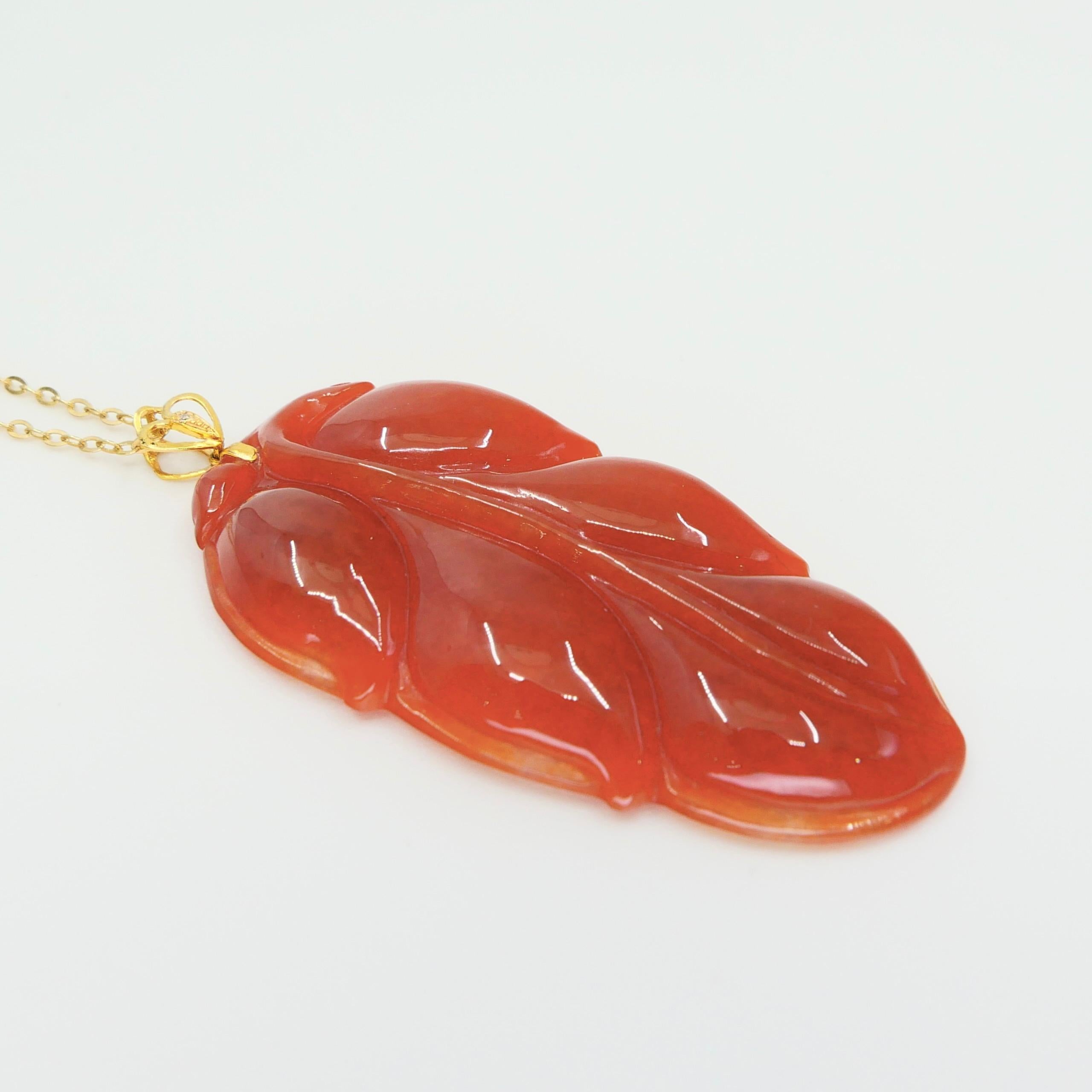 Rough Cut Certified Red Jadeite Jade Leaf Pendant Necklace, Good Fortune, Extra Large Size For Sale