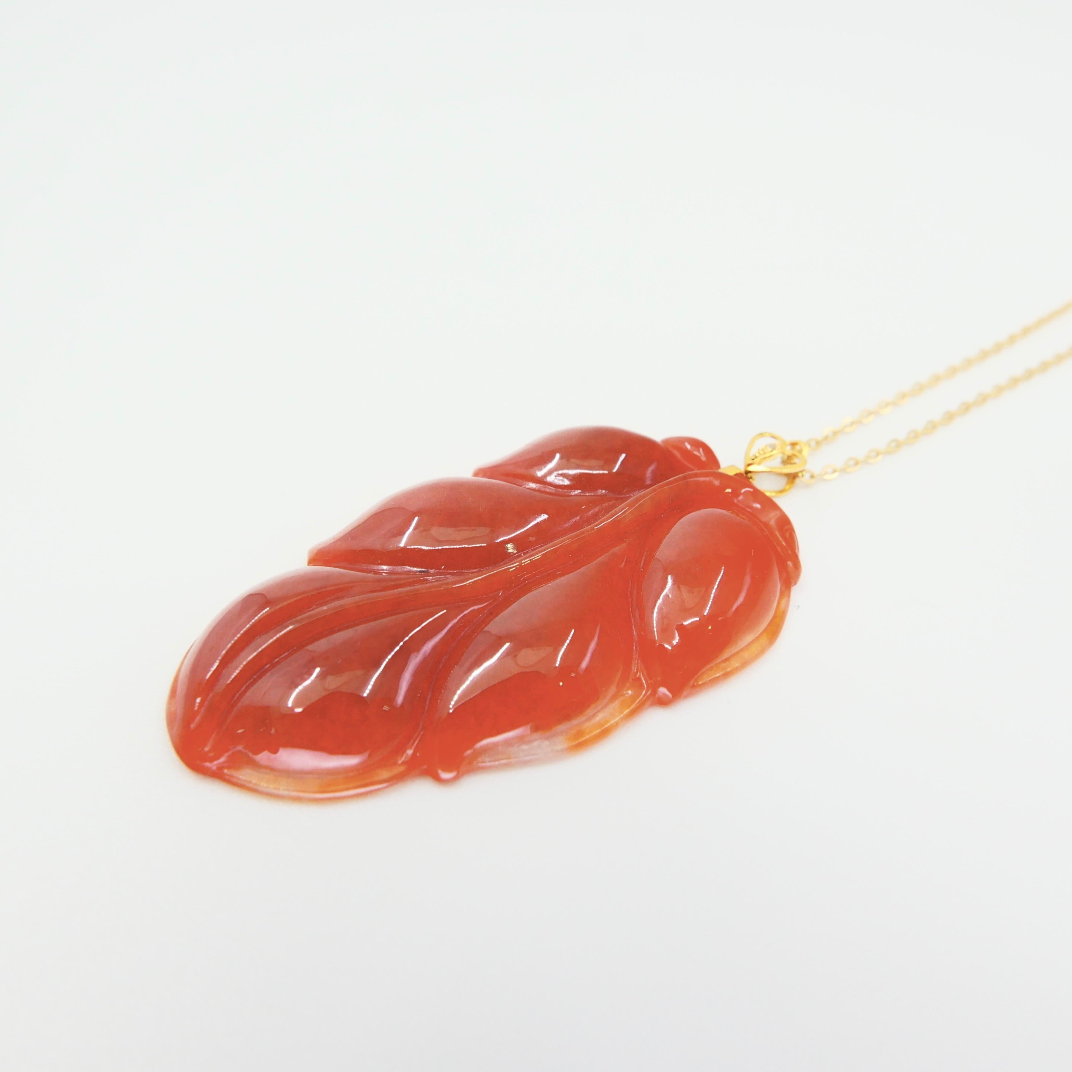 Certified Red Jadeite Jade Leaf Pendant Necklace, Good Fortune, Extra Large Size In New Condition For Sale In Hong Kong, HK