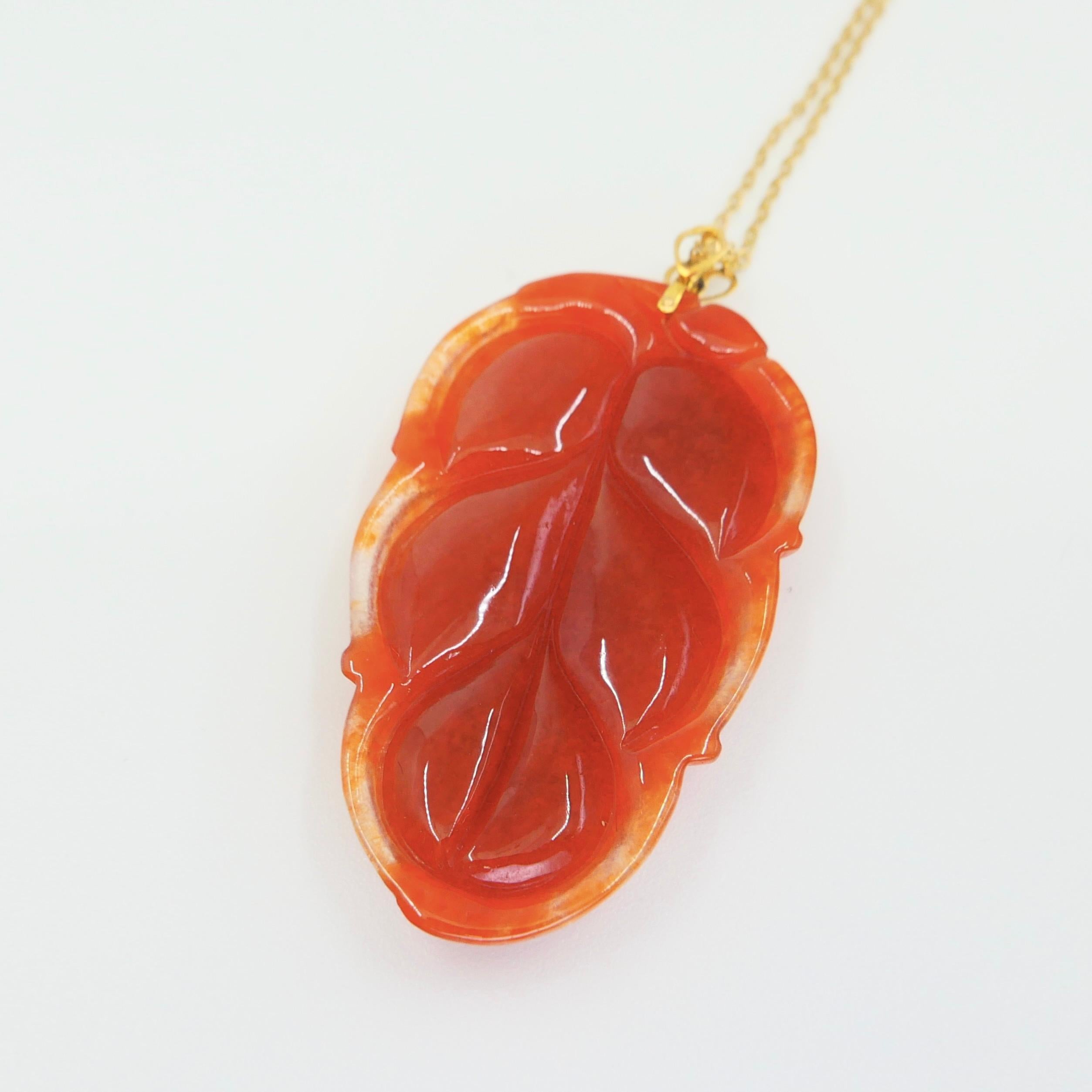 Women's Certified Red Jade & Yellow Gold Leaf Pendant Necklace. Good Fortune. XXL. For Sale