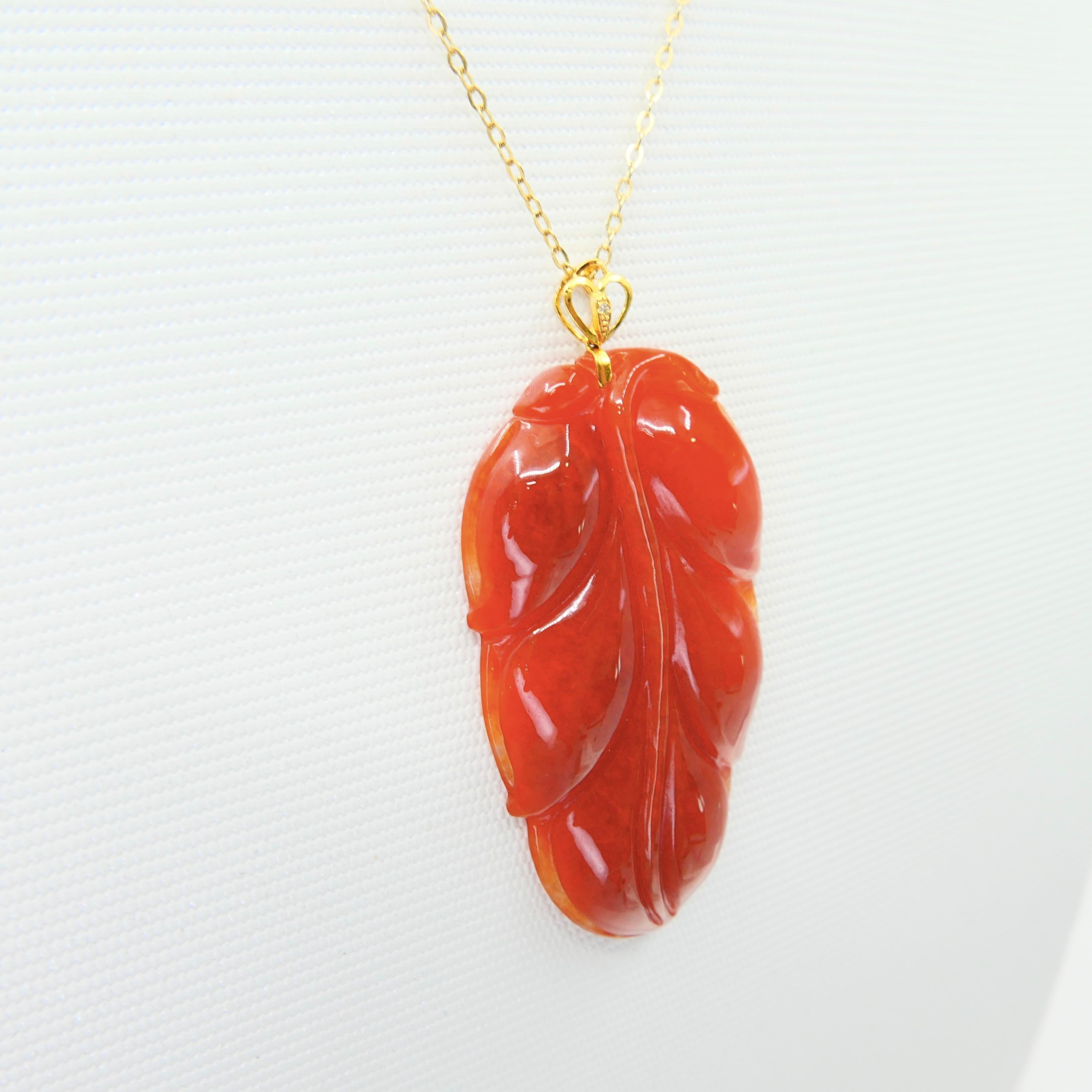 Certified Red Jadeite Jade Leaf Pendant Necklace, Good Fortune, Extra Large Size For Sale 1