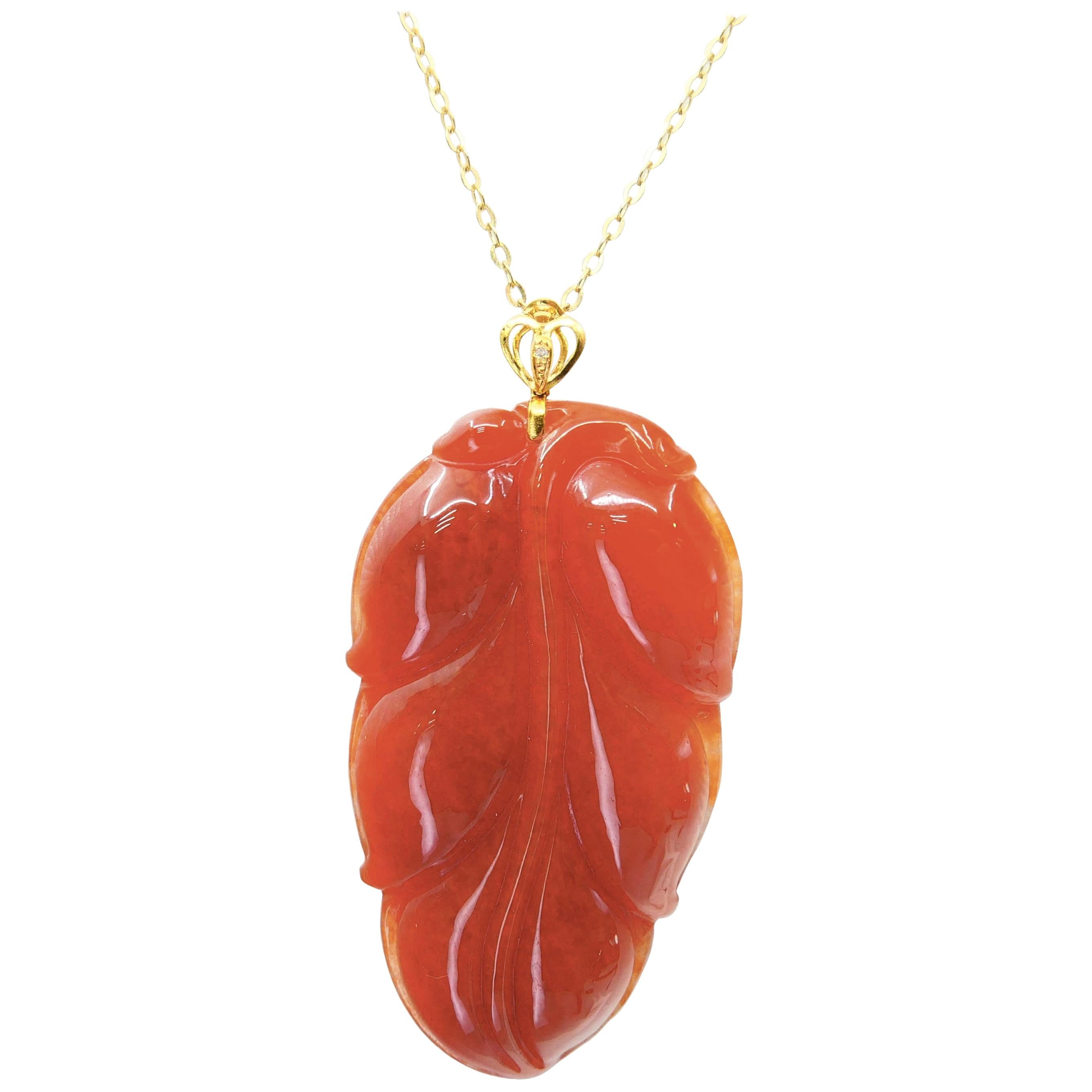 Certified Red Jadeite Jade Leaf Pendant Necklace, Good Fortune, Extra Large Size For Sale