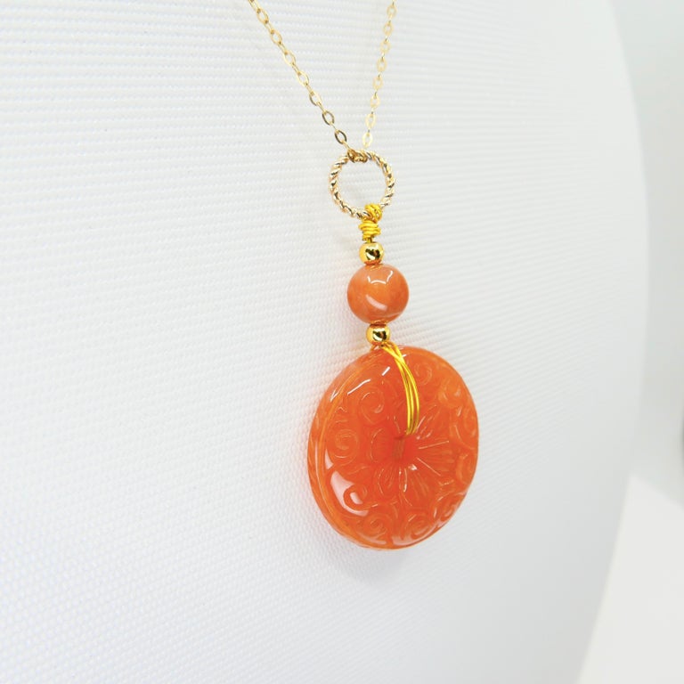 Certified Red Jadeite Jade Pendant Drop Necklace, Hand Gold Wiring
