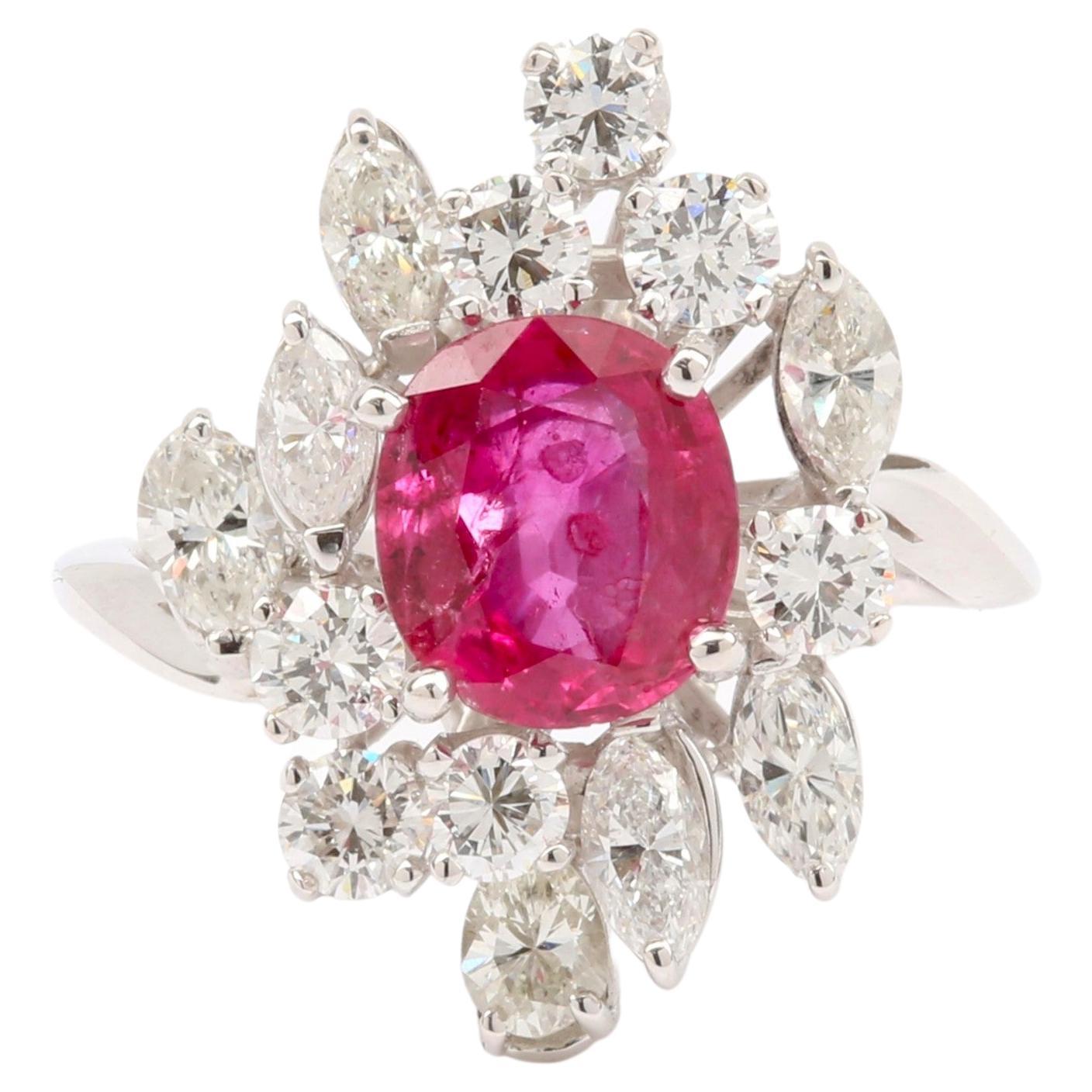 Certified Retro Ruby Diamonds 18 Carats White Gold Ring For Sale