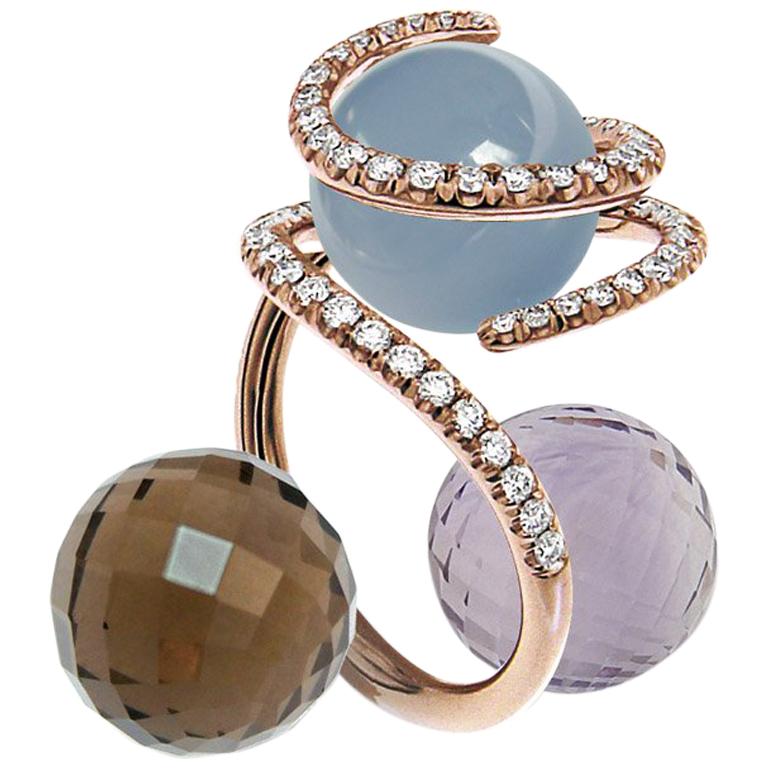 Certified Ring Pink Gold with Diamonds and a set of Three Interchangeable Gems For Sale