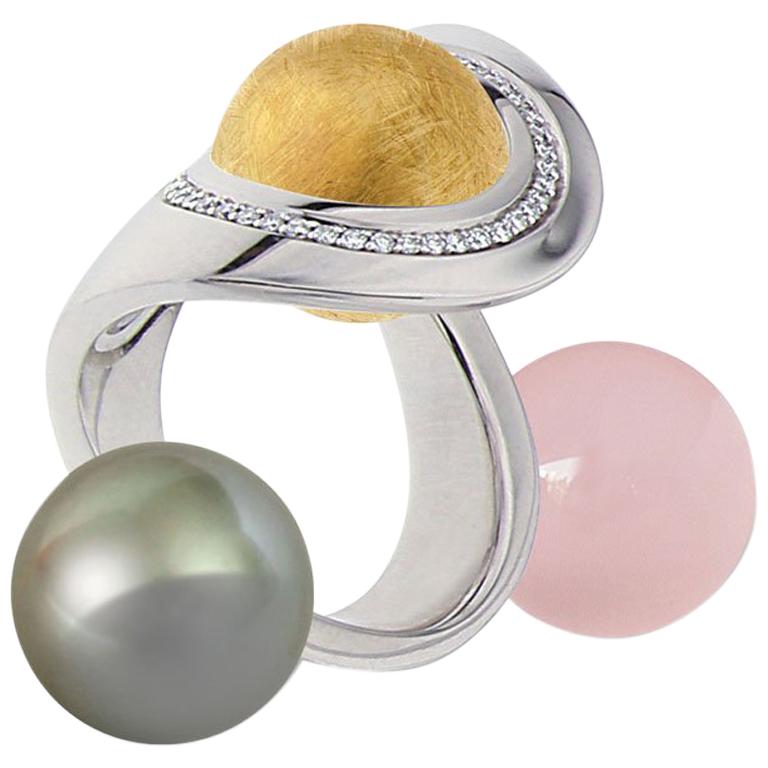 Certified Ring White Gold with Diamonds and a Set of Three Interchangeable Gems For Sale