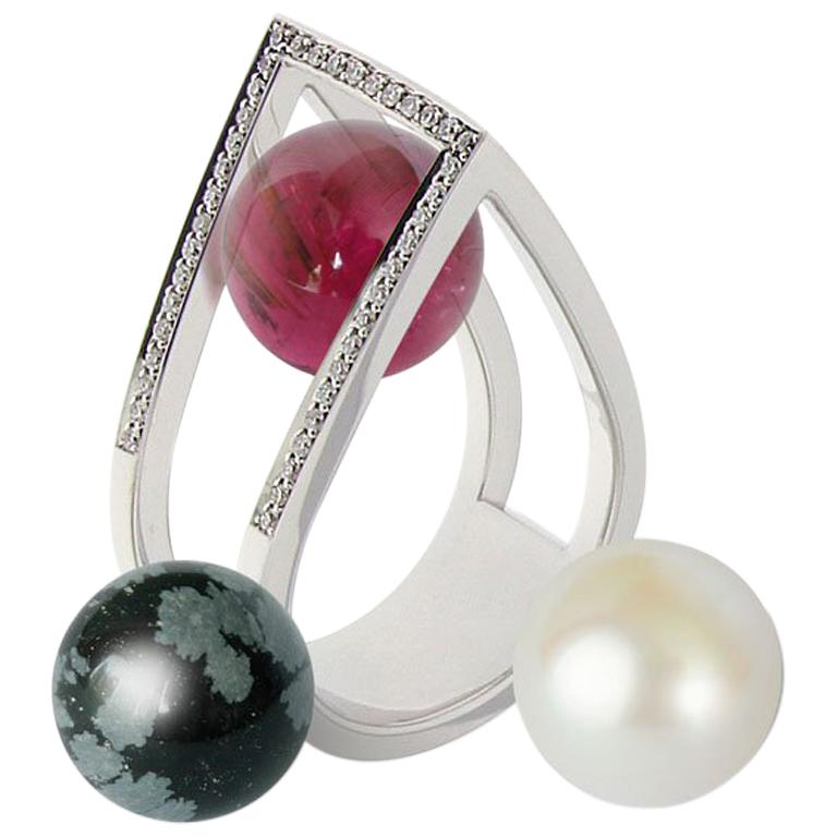 Certified Ring White Gold with Diamonds and a Set of Three Interchangeable Gems For Sale