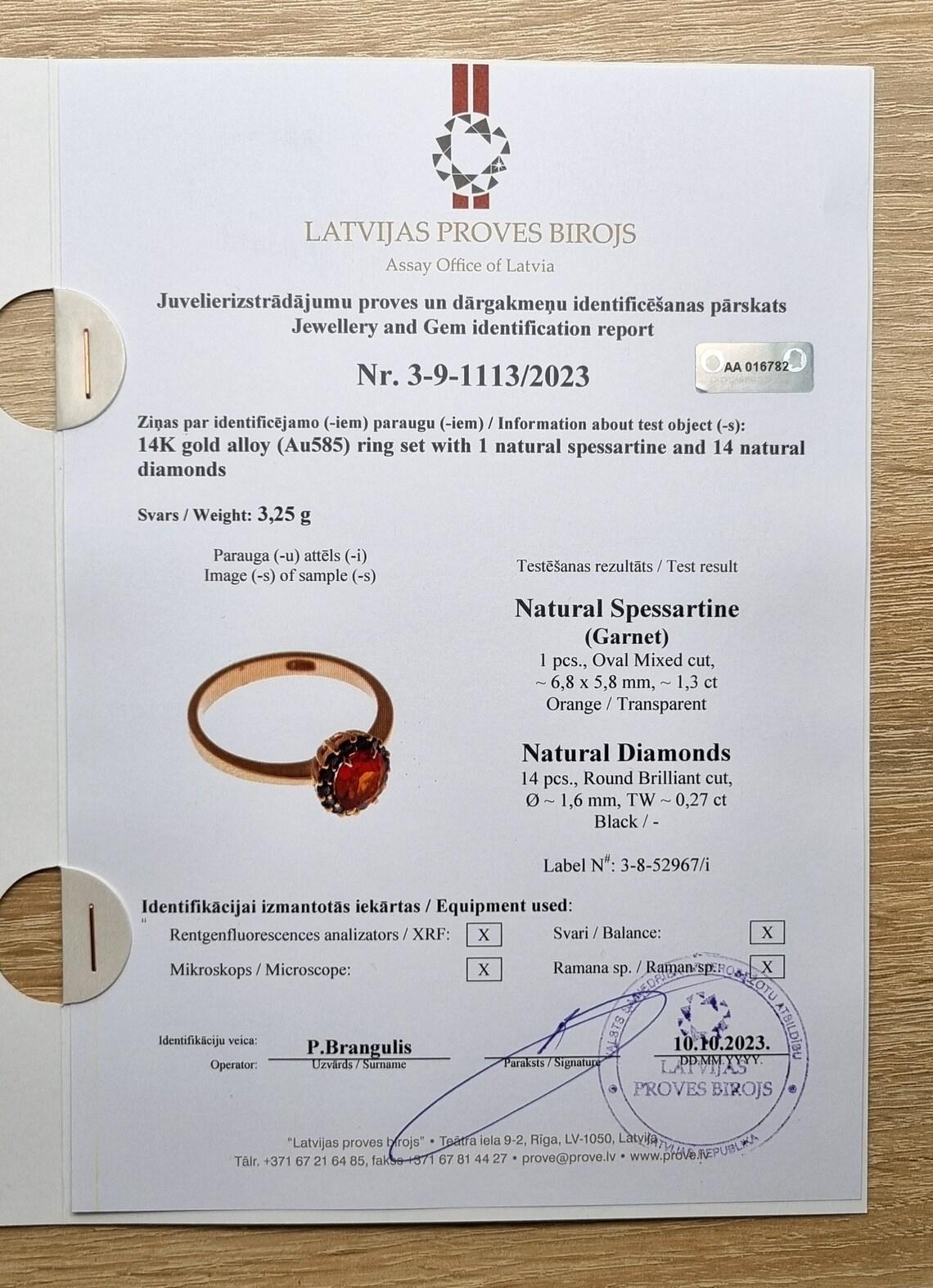 Oval Cut Certified Ring with Natural Spessartine and Black Diamonds gems, gold 14Karat For Sale