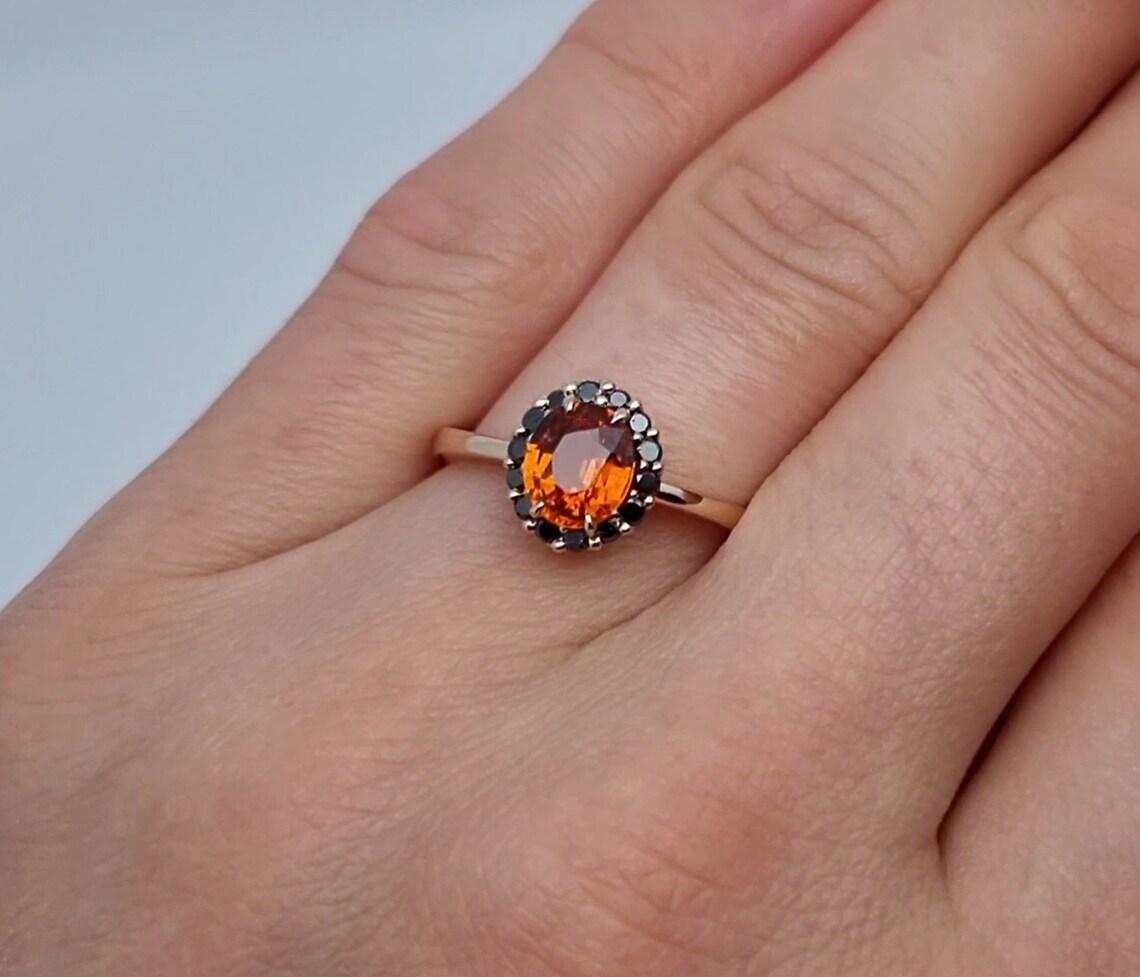 Certified Ring with Natural Spessartine and Black Diamonds gems, gold 14Karat In New Condition For Sale In Daugavpils, LV